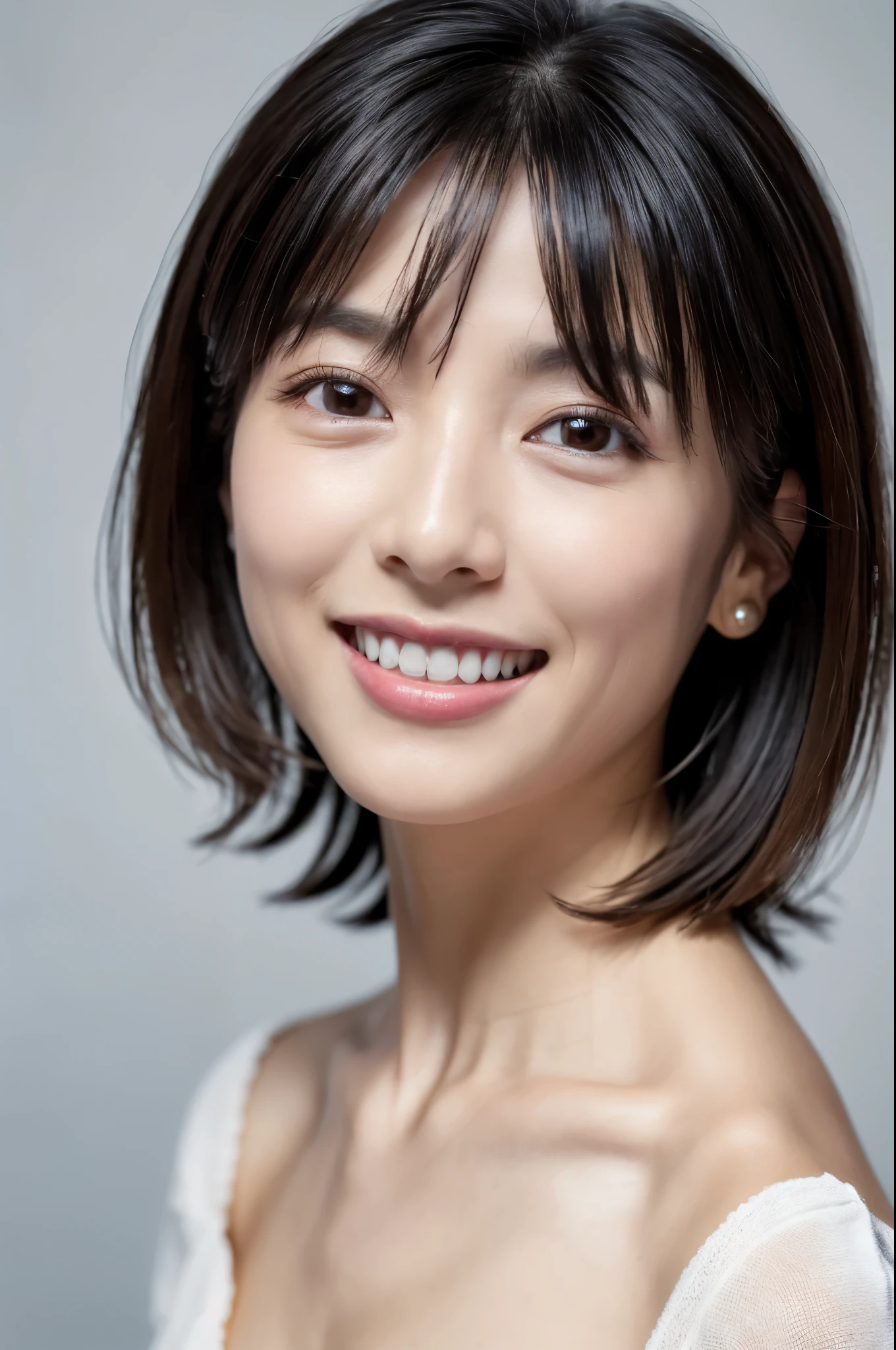 ((Front view)),(Masterpiece:1.3), (8K, Photorealistic, RAW photo, Best quality: 1.4), White background ,Be happy, A Skinny Japanese lady, Show your teeth,(1girl), Beautiful face, (Realistic face), (Black hair, Short hair:1.3), Beautiful hairstyle, Realistic eyes, Beautiful detailed eyes, (Realistic skin), Beautiful skin, (blue bra), Attractive, Ultra photo realsisim, Highly detailed, Golden ratio
