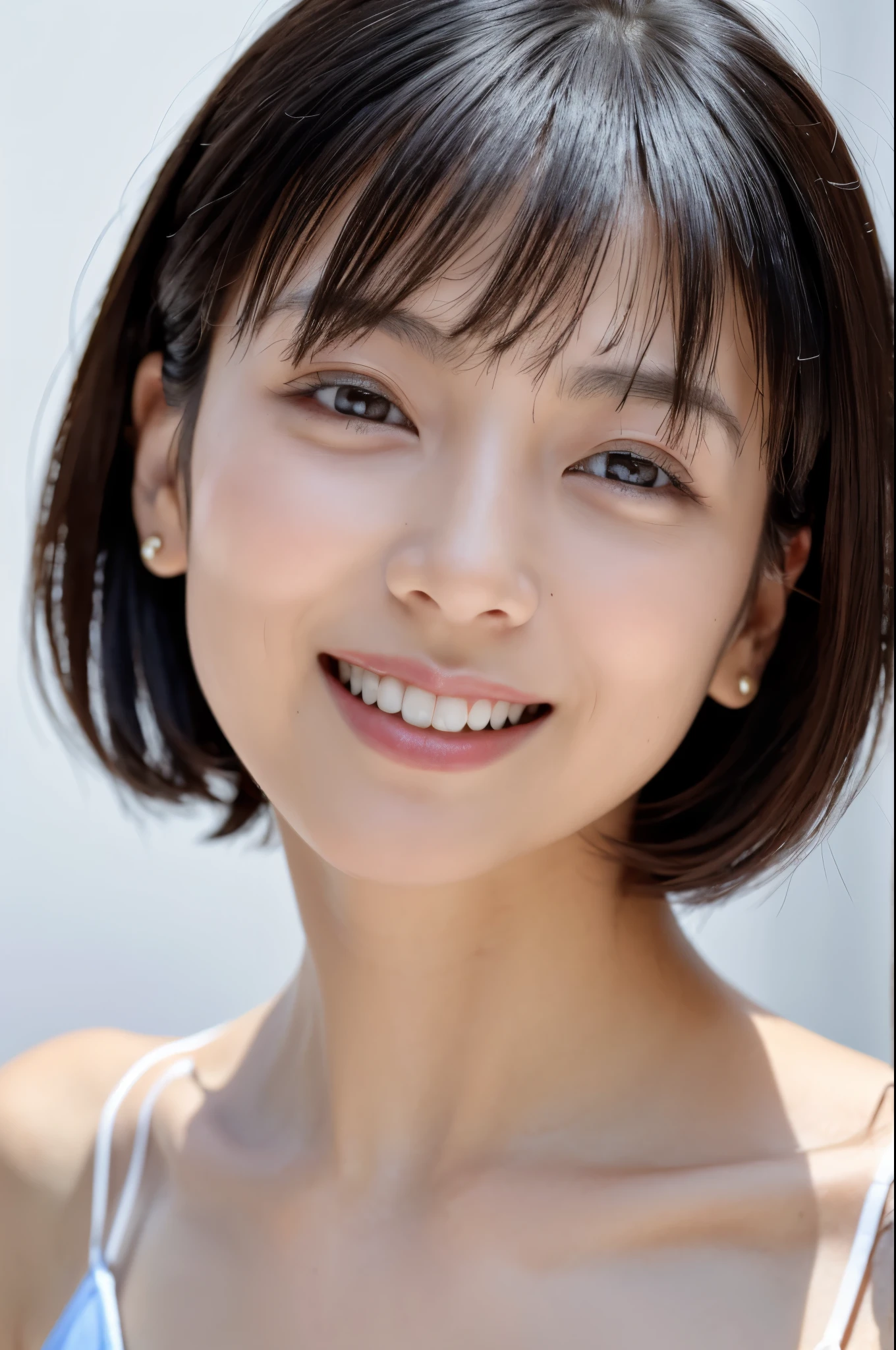 ((Front view)),(Masterpiece:1.3), (8K, Photorealistic, RAW photo, Best quality: 1.4), White background ,Be happy, A Skinny Japanese lady, Show your teeth,(1girl), Beautiful face, (Realistic face), (Black hair, Short hair:1.3), Beautiful hairstyle, Realistic eyes, Beautiful detailed eyes, (Realistic skin), Beautiful skin, (blue bra), Attractive, Ultra photo realsisim, Highly detailed, Golden ratio