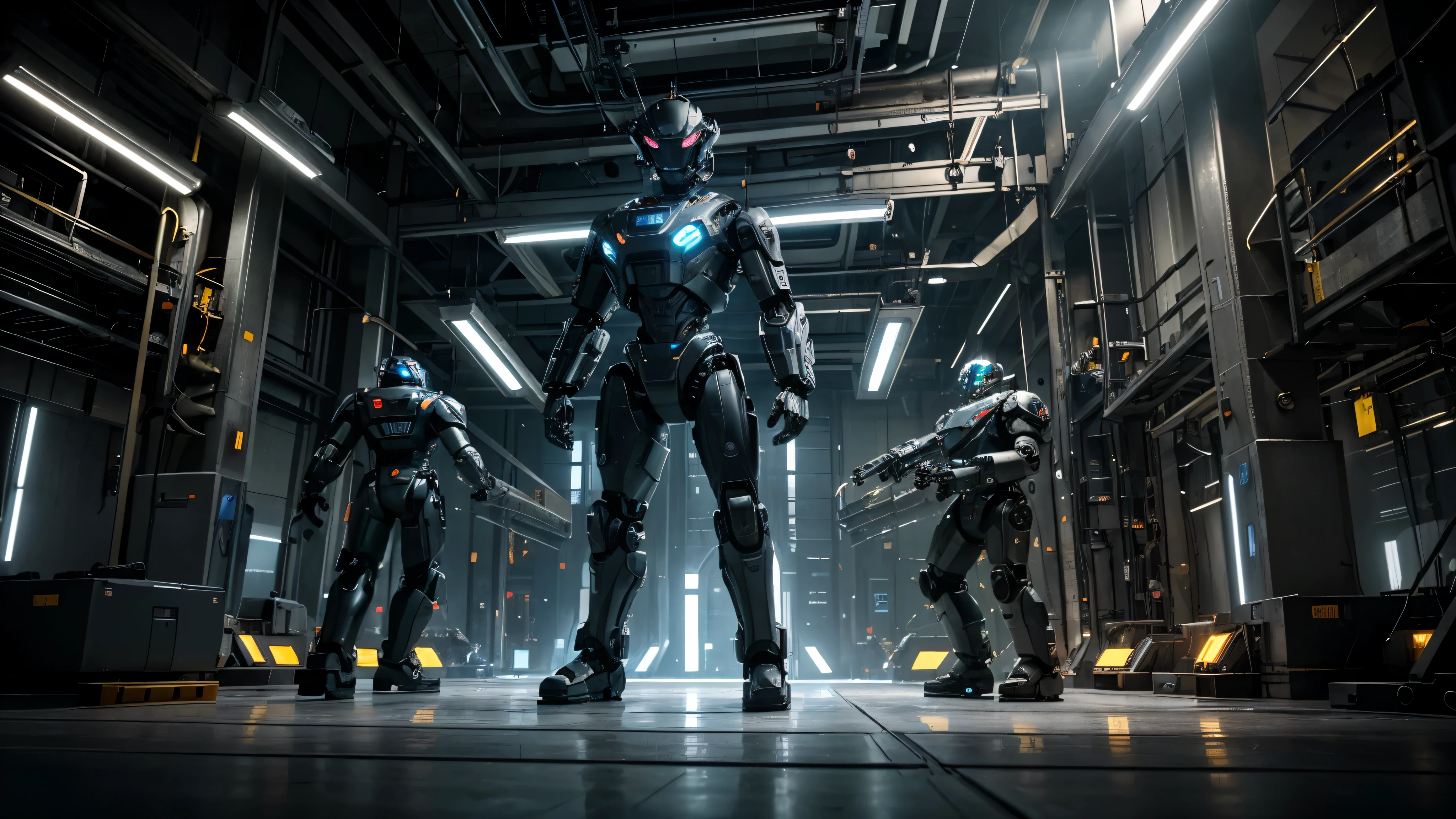 In a factory filled with futuristic robots, there is a group of dr roboman (1) working diligently to assemble robotic parts. The scene is depicted in a medium (2) that resembles highly-detailed illustrations and showcases the mechanical essence of the robots. The robots possess an industrial aesthetic with metallic exteriors and LED lights emitting a soft glow from their core. Their sleek design and precise movements are highlighted by ultra-detailed (best quality, 4k, highres, masterpiece:1.2) renders, capturing every intricate detail of their mechanical components. The factory is bustling with activity, with various machines and assembly lines in the background, [conveying a sense of productivity and efficiency]. The color palette (vivid colors:1.1) reflects the futuristic theme, with shades of silver, blue, and neon lights providing a technologically advanced ambiance. The lighting setup (studio lighting) creates dramatic highlights and shadows, emphasizing the robots' metallic textures and enhancing the overall atmosphere. As the robots diligently work, their movements are accompanied by a rhythmic hum, adding an auditory layer to the scene. The entire composition exudes a sense of order and precision, emphasizing the advanced capabilities and advanced technology employed by these dr roboman. The prompt aims to capture the essence of these futuristic robots and their industrial environment, allowing Stable Diffusion to generate a visually stunning image that showcases the intricate details and the technological marvel of these robotic creations in a captivating way.