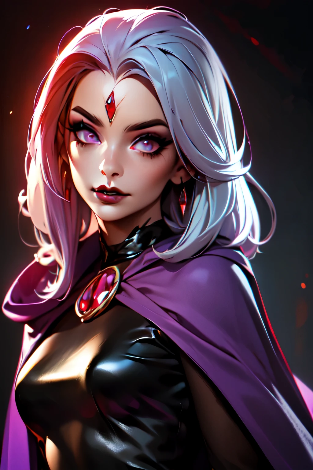 (Best Quality, 8k, Masterpiece, UHD), (Photo of Attractive Caucasian Gothic model Woman with tattoos), solo 1Girl as Raven, ((gemstone on forehead)), heavy makeup ,  cape, choker,very pale skin,Ultra Detailed Face, Detailed Lips, Fine Eyes, black lipstick, Fine Eyes