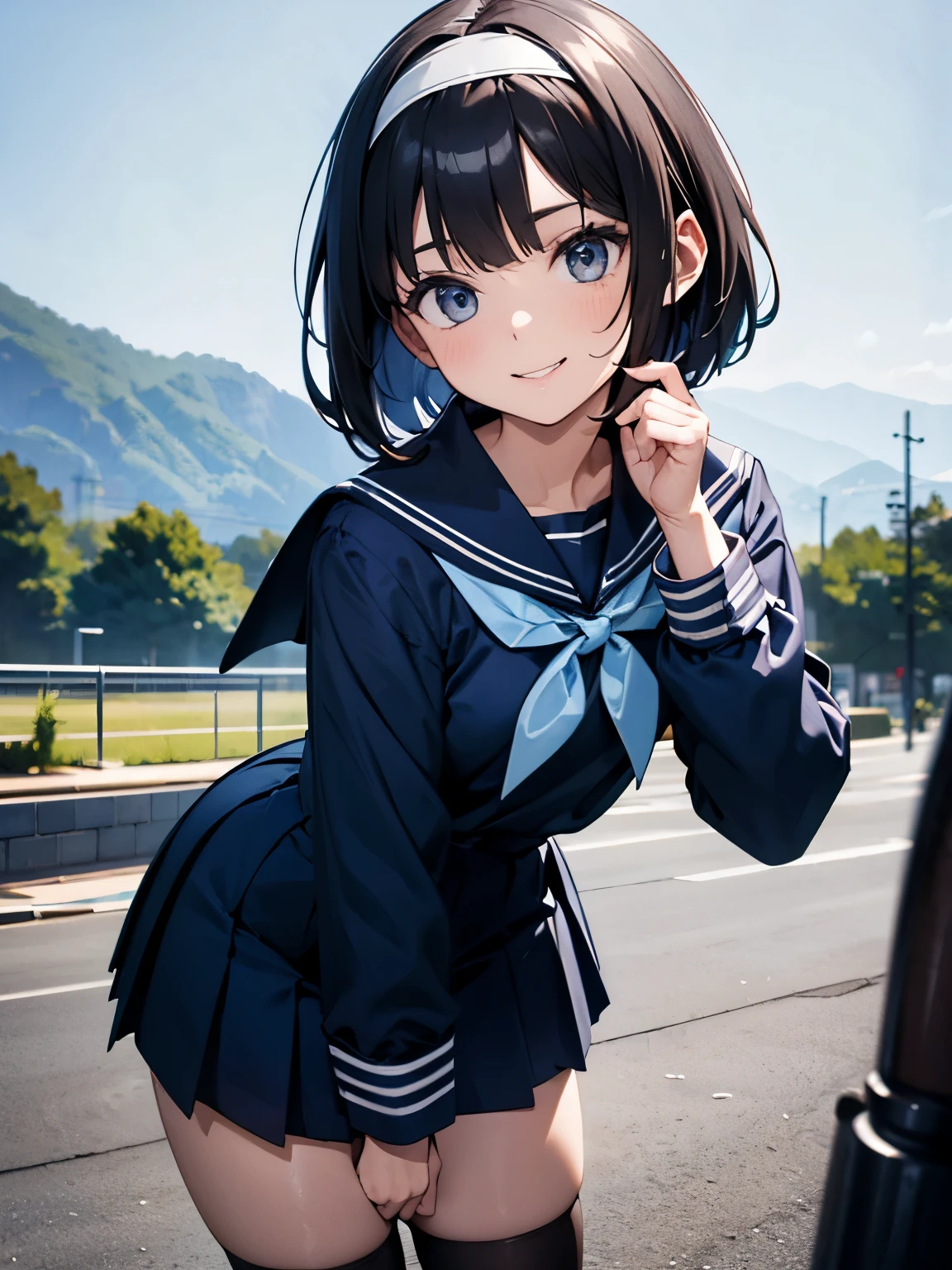 (Highly detailed CG unity 8k), (highest quality)，(very detailed)，(ultra high resolution), (fine eyes), (detailed facial features), (Detailed features of clothing), HDR, 8K resolution, navy blue sailor uniform, High school girl in sailor suit, Dark blue skirt, Anime 2D rendering, smile, black hair, (((navy blue sailor uniform))), black stockings, (((school scenery))), (((small face))), bob cut, ((White headband)), Happy pose,