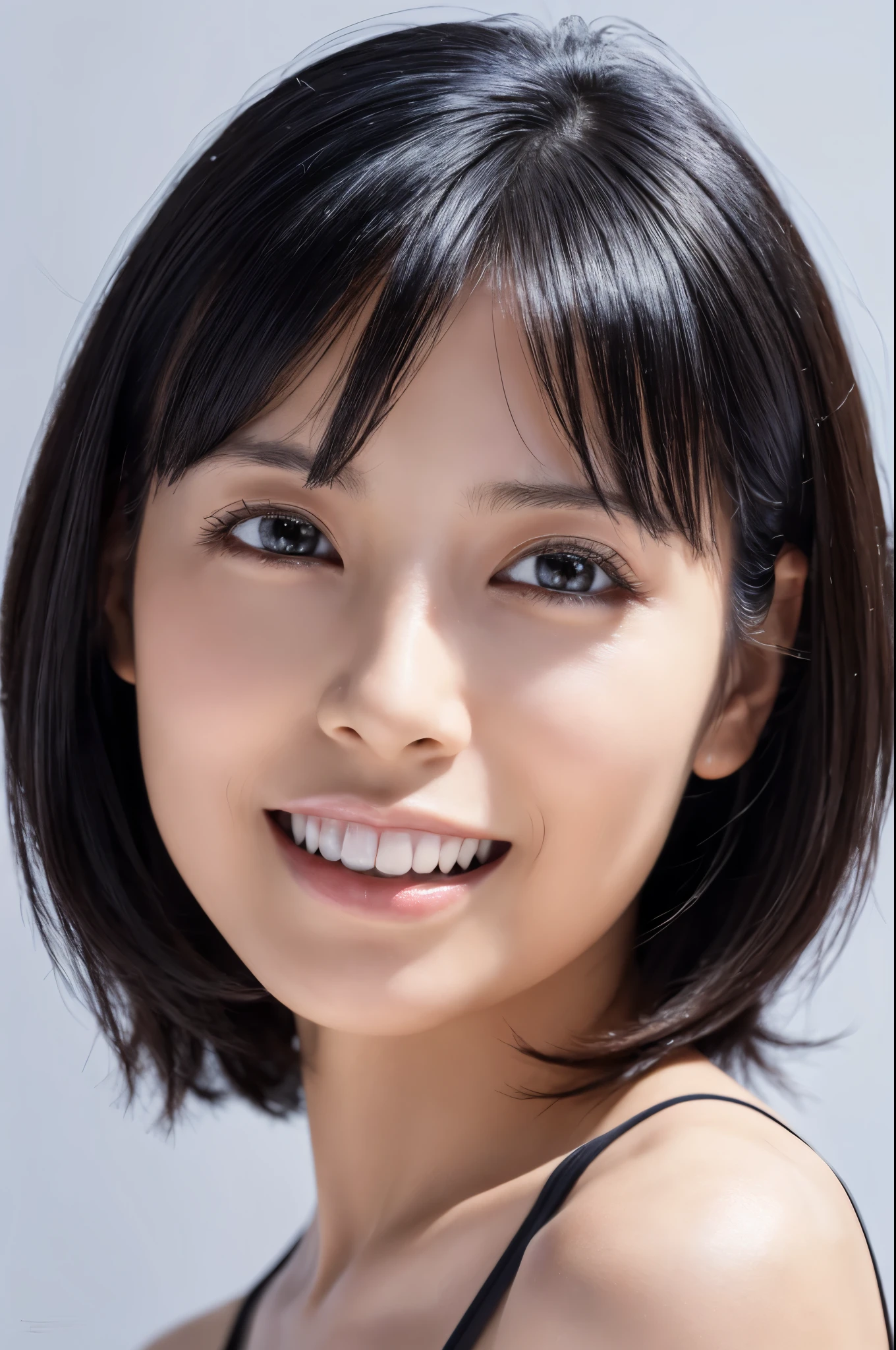((Front view)),(Masterpiece:1.3), (8K, Photorealistic, RAW photo, Best quality: 1.4), White background ,Be happy, A Skinny Japanese lady, Show your teeth,(1girl), Beautiful face, (Realistic face), (Black hair, Short hair:1.3), Beautiful hairstyle, Realistic eyes, Beautiful detailed eyes, (Realistic skin), Beautiful skin, (blue bra), Attractive, Ultra photo realsisim, Highly detailed, Golden ratio