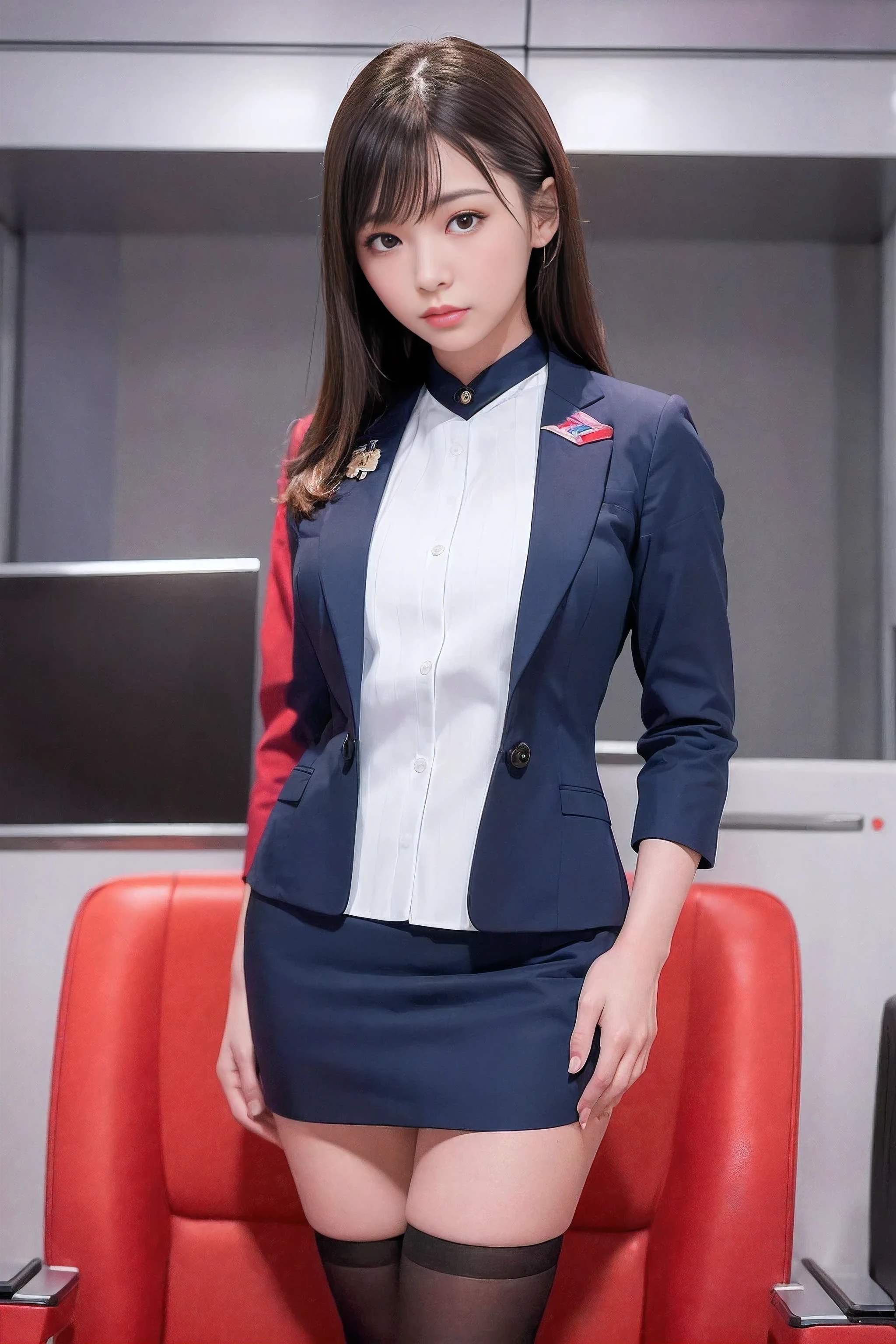 (8 times_NMKD-Super Scale_150000_G),(8K, super high quality,highest quality),(masterpiece:1.5),(1 girl),(日本のflight attendant),(flight attendant),(Stand in the plane),RAW photo,idol sculpture