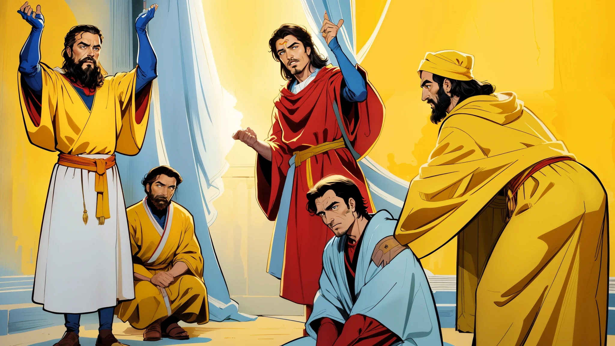 a cartoon of a group of people in a room with a cross, bible illustration, full color illustration, yellow robes, colored illustration, by Juan O'Gorman, royal family during an argument, palatial scene, with yellow cloths, joseph and joseph, dramatic illustration, full - view, biblical art style, fully clothed in red robes, arte digital, melhor qualidade, detalhes do rosto, alta resolução, historia em quadrinhos estilo marvel.