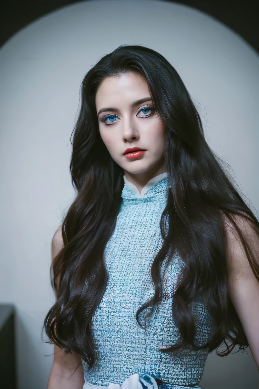 An attractive woman with long, wavy black hair and blue eyes with a serious face, vestida elegante com vestido vermelho, hiper realista absurdo, foto crua, 8K UltraHD, alta qualidade, Film grain, soft lighting, (pele altamente detalhada:1.2)