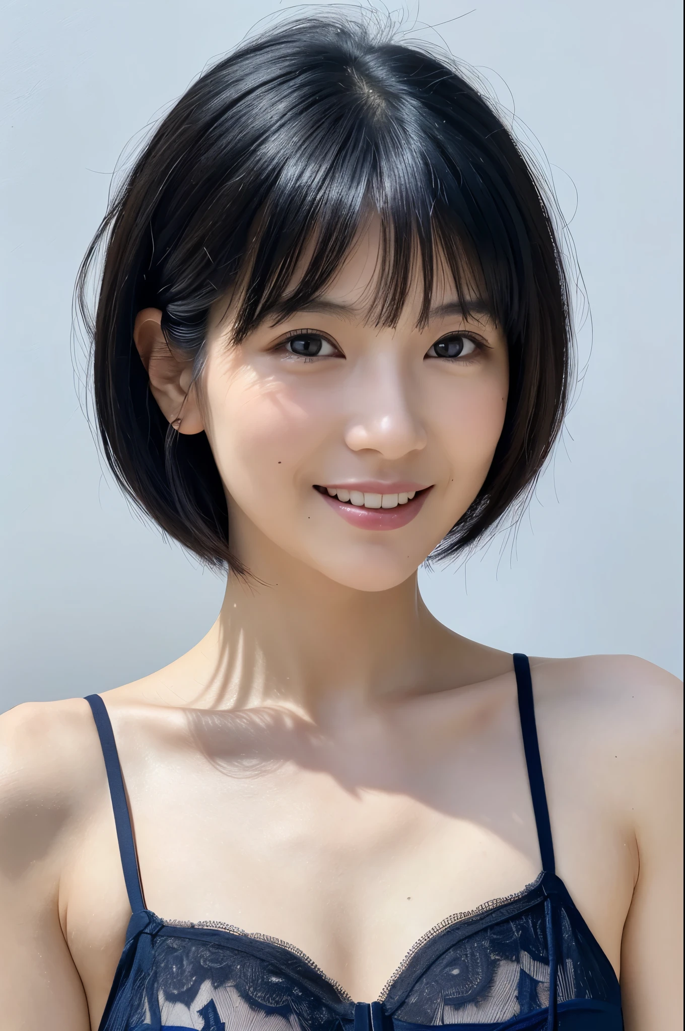 ((Front view)),(Masterpiece:1.3), (8K, Photorealistic, RAW photo, Best quality: 1.4), White background ,Be happy, A Skinny Japanese lady, Show your teeth,(1girl), Beautiful face, (Realistic face), (Black hair, Short hair:1.3), Beautiful hairstyle, Realistic eyes, Beautiful detailed eyes, (Realistic skin), Beautiful skin, (blue underware, blue bra), Attractive, Ultra photo realsisim, Highly detailed, Golden ratio