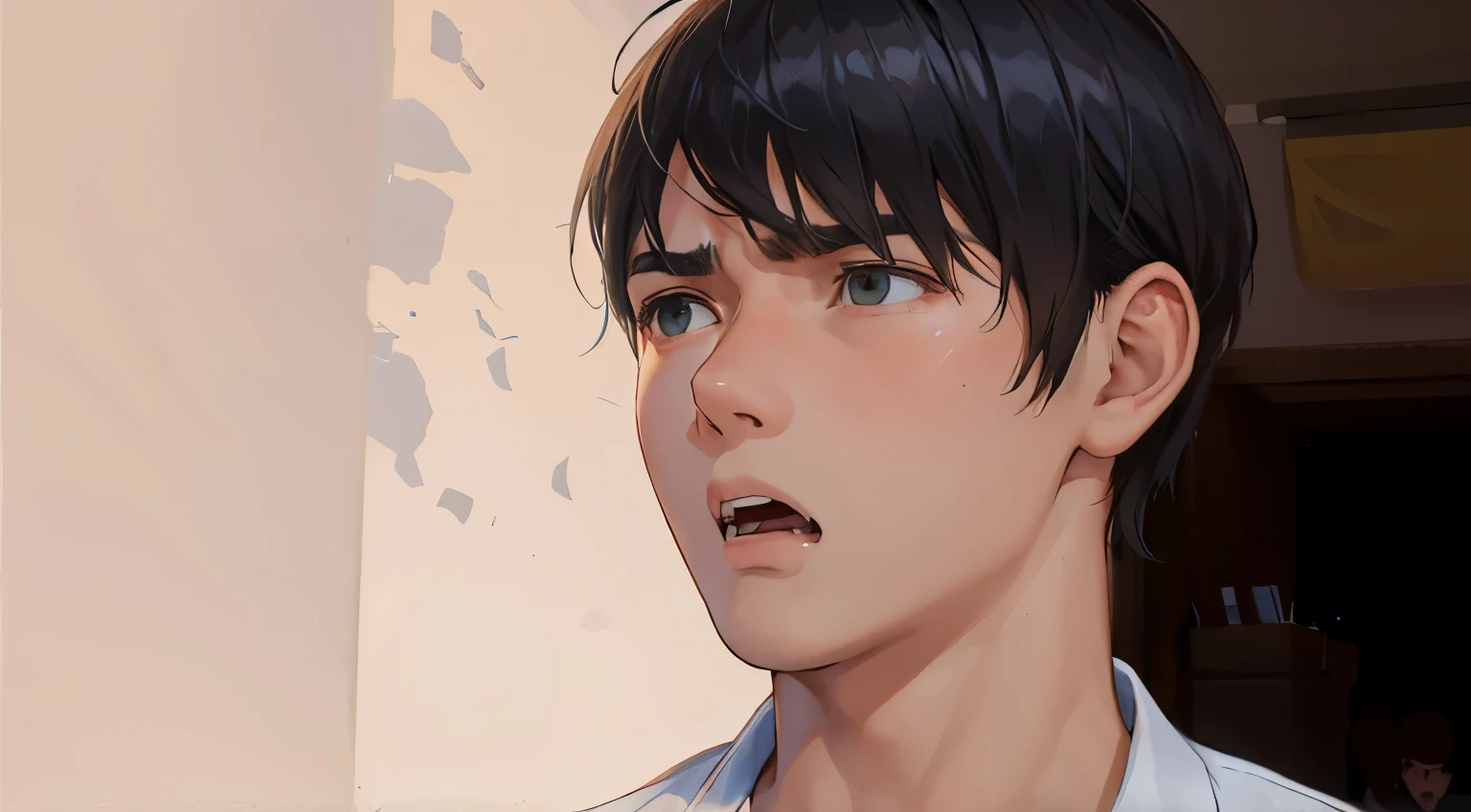 There is a boy who is upset and angry and is shouting.