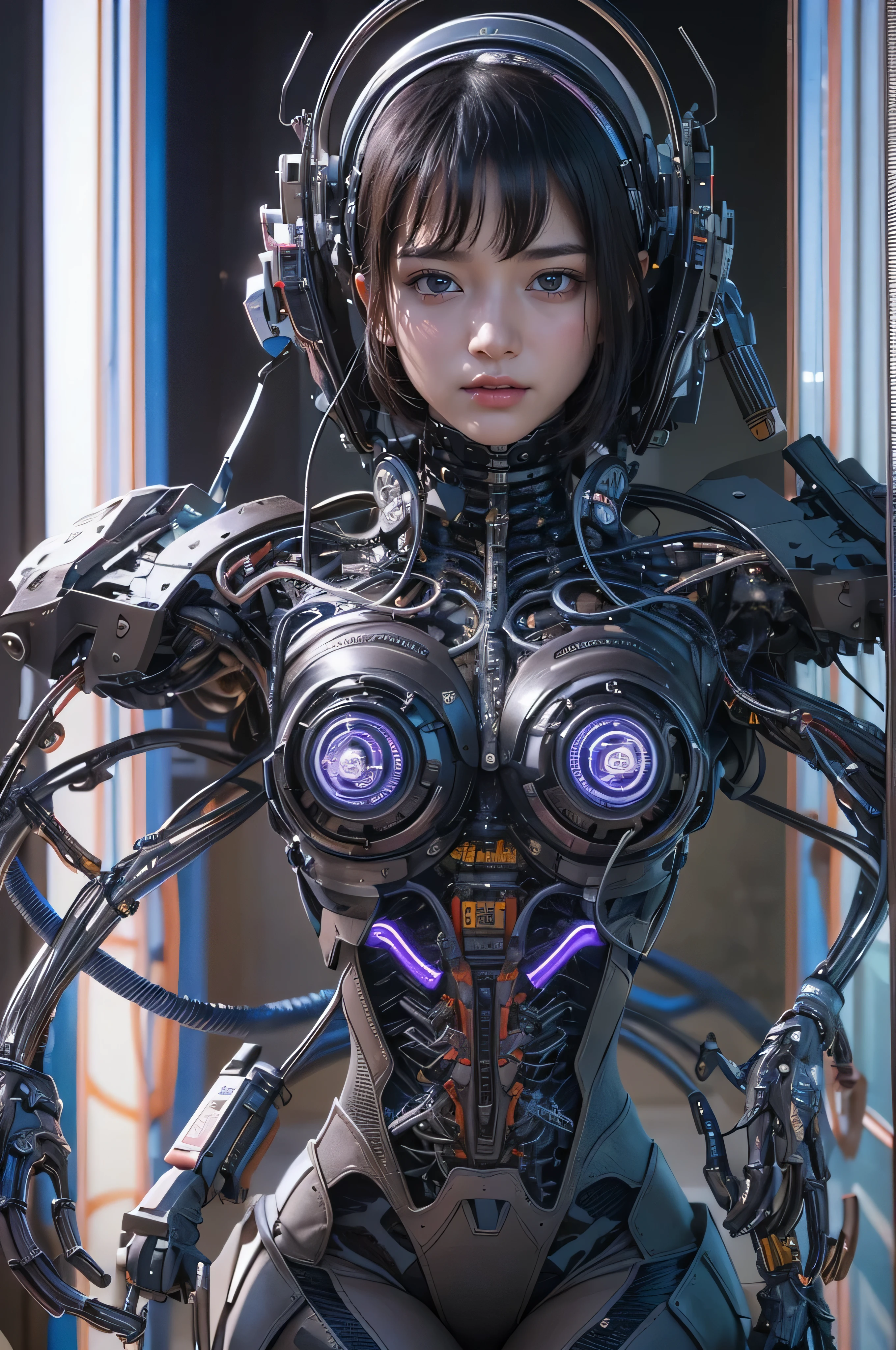 highest quality, pieces fly, ultra high resolution, (that'realistic: 1.4), RAW photo, 1 baby girl, black hair, Glossy skin, One Machine Girl, (Ultra realistic details)), 人撮Shadow, global illumination, Shadow, octane rendering, 8K, super sharp, , Exposed raw skin, cleavage, metal body, intricate decorative details, Japan details, very intricate details, realistic light, CG trends, eyes are purple, shining eyes, towards the camera, neon light details, mechanical limbs, blood vessels connected to tubes, mechanical vertebrae attached to the back, Mechanical cervical spine attachment to the neck, Wariza sitting down, Wires and cables connecting to the head, Evangelion, Small LED light,
