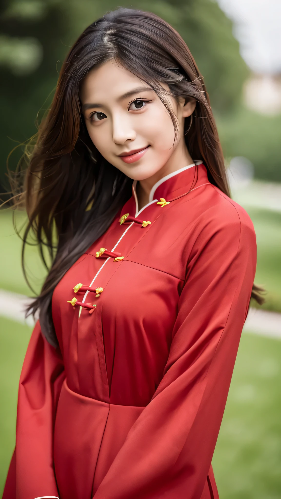 ((best quality, 8K, masterpiece:1.3, medium long shot photo:1.5, Sharp:1.2, balance light:1.5)), 
beautiful female figure:1.4, sexy body, oval face shape, detailed eyes, smile，二重まぶた，

((Long layered slightly wavy hair style, dark hair color)),

(modern chinese:1.2， color red  modern chinese,cotton material),  walk in outdoor：1.3，Very detailed facial and skin texture，body facing to camera:1.4, body in frame,body position in front of the camera, eyes looking into camera