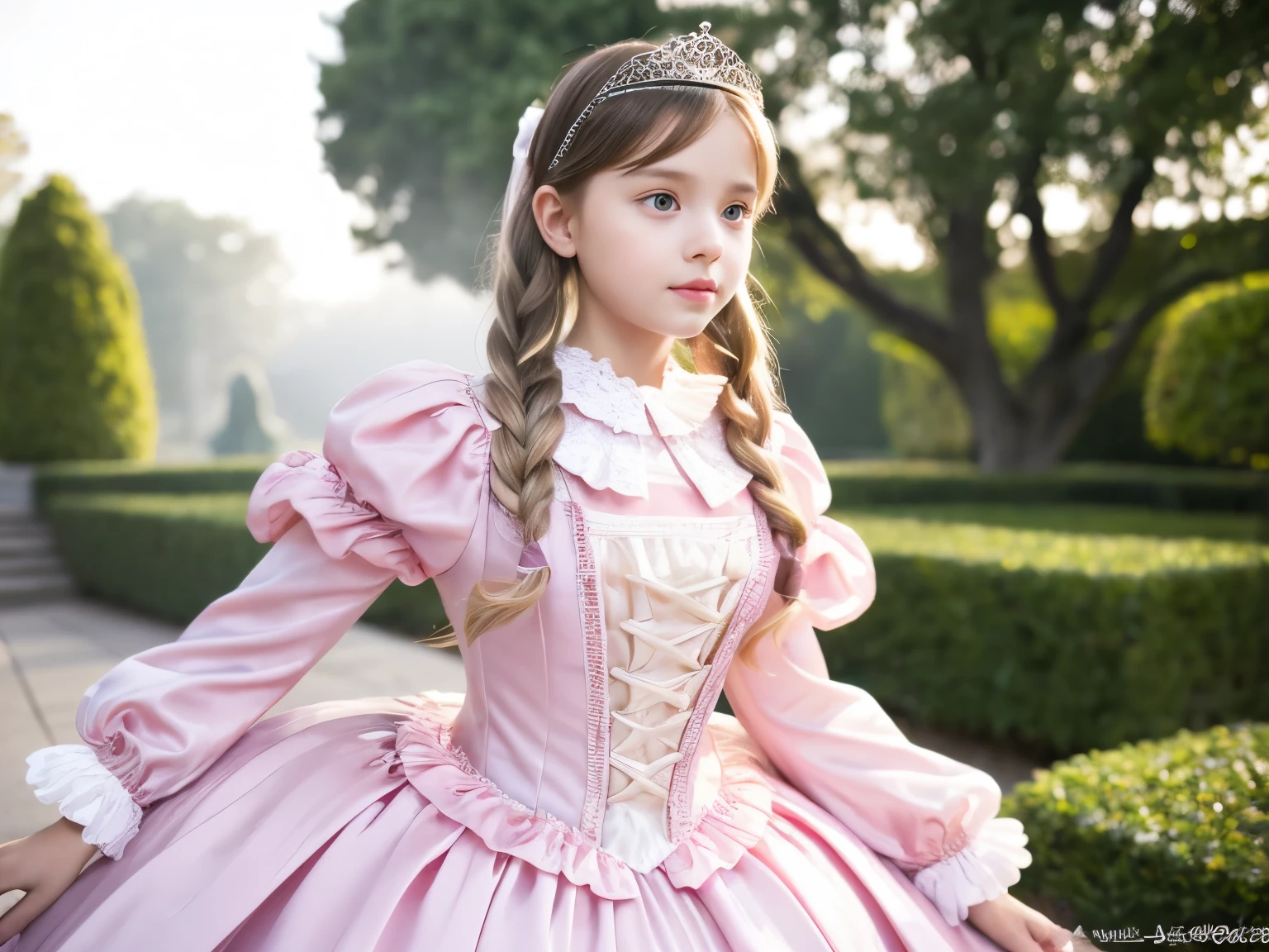 ,highest quality, masterpiece, highest resolution, artwork, super それにget used to it, many get used to it, get used to it, それにget used to it, 3k realistic pictures,,((10 year old s)),Ultra-detailed juvenile face,ultra-detailed beautiful little girl princess,full length ball gown dress with hoop skirt,ruffled yoke collar,puff sleeves,long sleeve,((Lolita style hot pink iled princess satin dress with lots of ruffles and ribbons)),Rococo style lolita fashion,shiny satinss,Soft and smooth fabric,detailed princess dress,luxury,long blonde hair,blue eyes,white skin european,Pajama,The palace garden,detailed background,