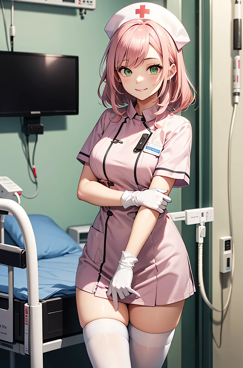 1 girl, alone, nurse, nurse cap, Whiteware, ((white legwear, zettai ryouiki)), white gloves, pink hair, green eyes, droopy eyes, smile, Are standing, ((hospital room)), sharp outline, short sleeve, highest quality, masterpiece