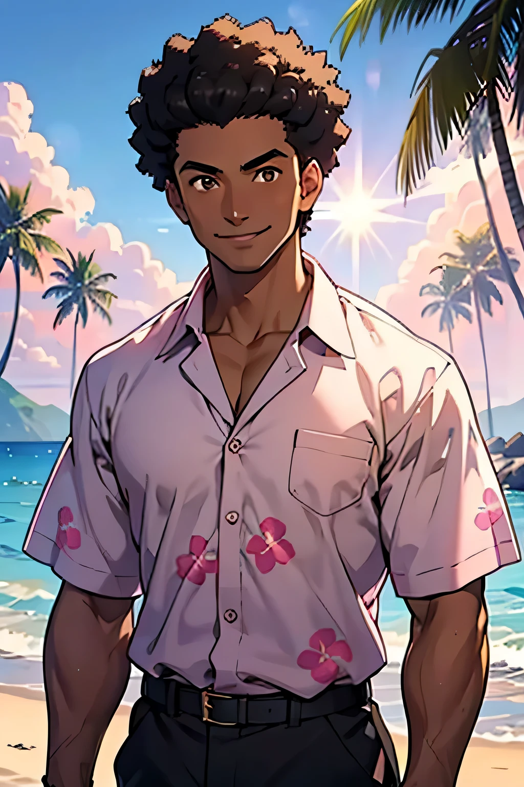 anime brown man, short black hair, bald afro hairstyle, dark brown eyes, dark skin, muscular build, very physically strong, Sunny and cheerful, Egyptian style, White Hawaiian shirt, smiling and looking into the camera, The sunlight shines on his face,The background is the sea,Pink-purple sky。Please draw this scene in Miyazaki's style