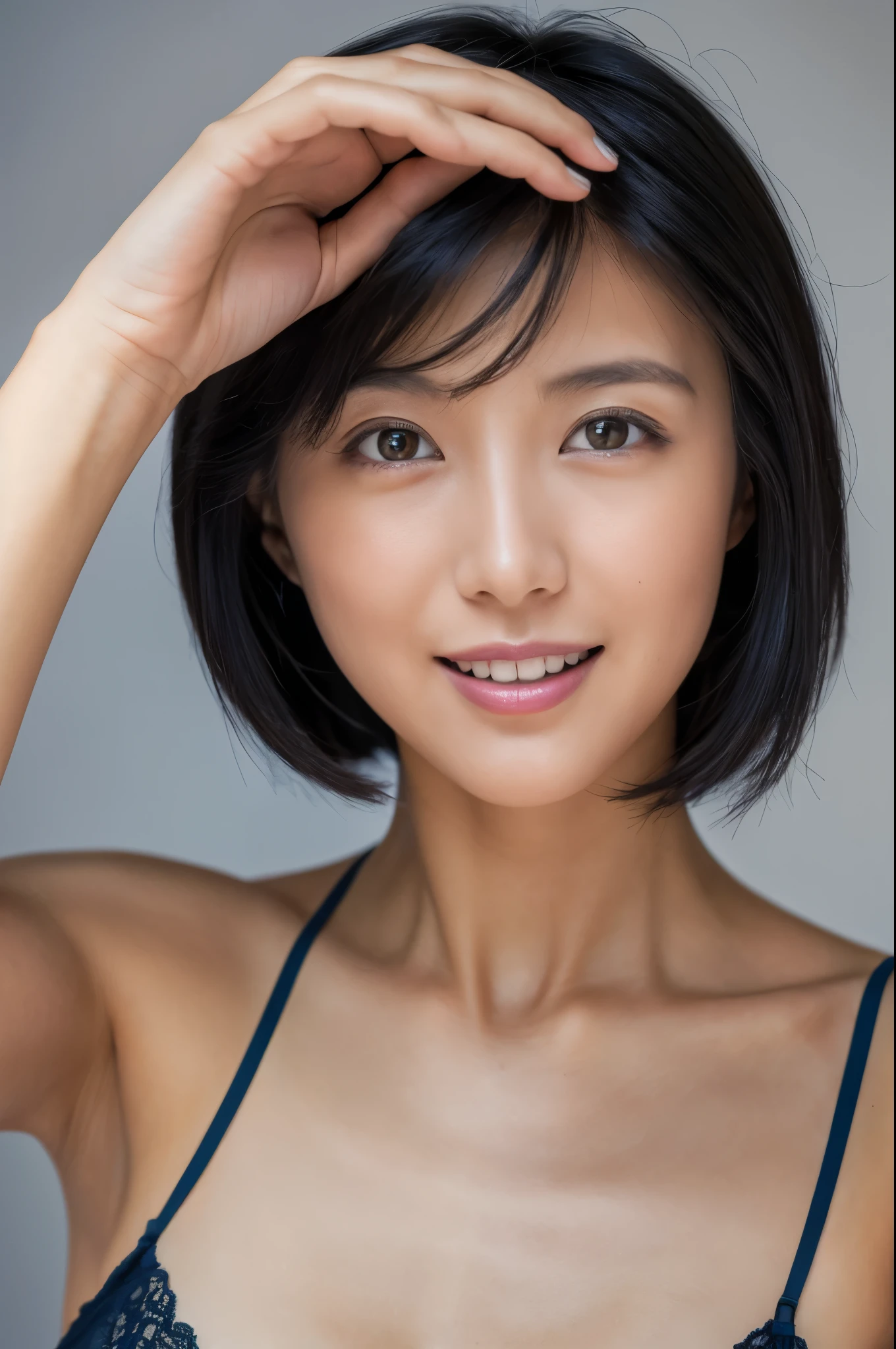 ((Front view)),(Masterpiece:1.3), (8K, Photorealistic, RAW photo, Best quality: 1.4), White background ,Be happy, A Skinny Japanese lady, Show your teeth,(1girl), Beautiful face, (Realistic face), (Black hair, Short hair:1.3), Beautiful hairstyle, Realistic eyes, Beautiful detailed eyes, (Realistic skin), Beautiful skin, (blue underware, blue bra), Attractive, Ultra photo realsisim, Highly detailed, Golden ratio