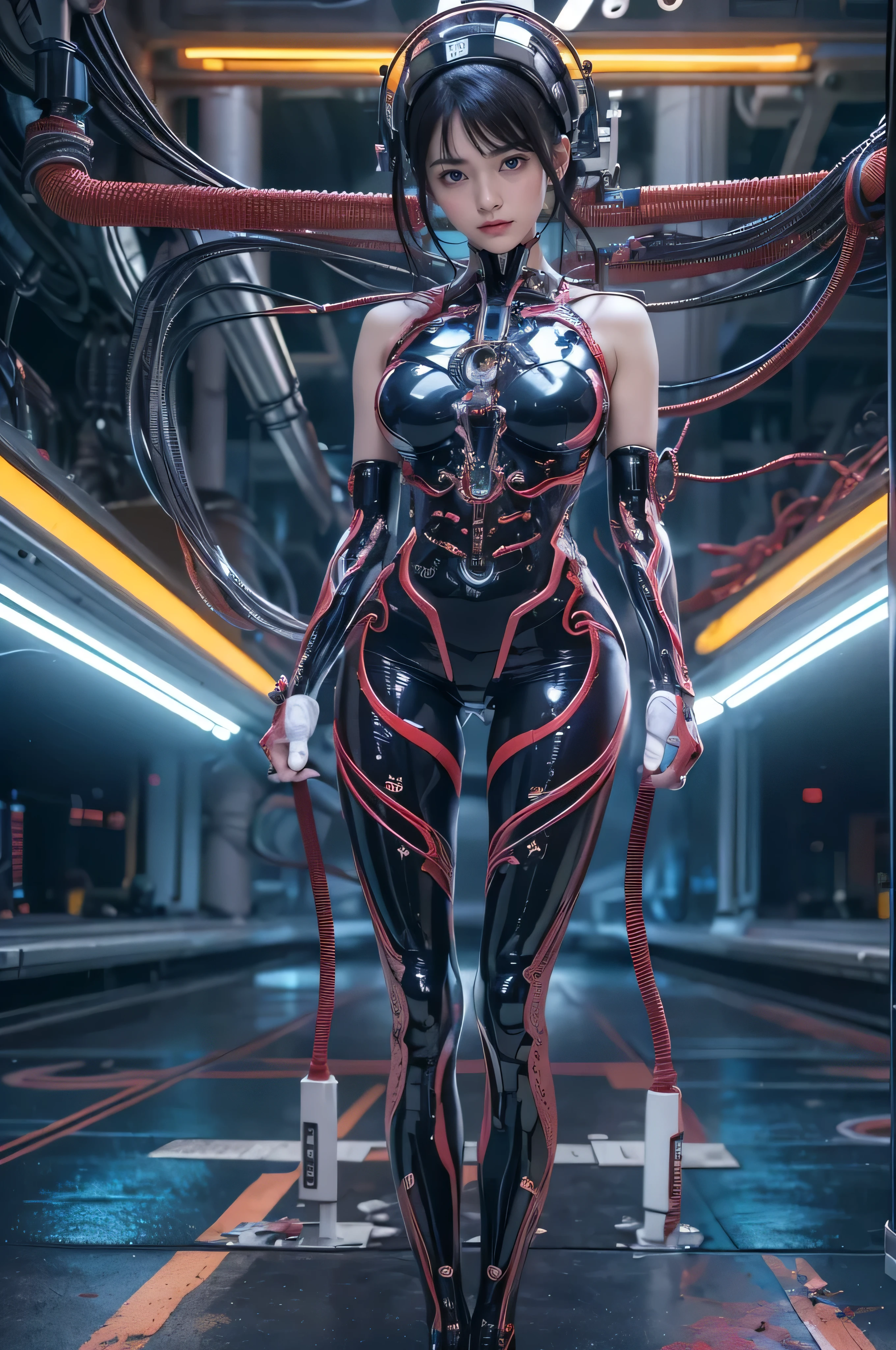 highest quality, pieces fly, ultra high resolution, (that'realistic: 1.4), RAW photo, 1 , black hair, Glossy skin, One Machine Girl, (Ultra realistic details)), 人撮Shadow, global illumination, Shadow, octane rendering, 8K, super sharp, , Exposed raw skin, cleavage, metal body, intricate decorative details, Japan details, very intricate details, realistic light, CG trends, eyes are purple, shining eyes, towards the camera, neon light details, mechanical limbs, blood vessels connected to tubes, mechanical vertebrae attached to the back, Mechanical cervical spine attachment to the neck, Wariza sitting down, Wires and cables connecting to the head, Evangelion, Small LED light,