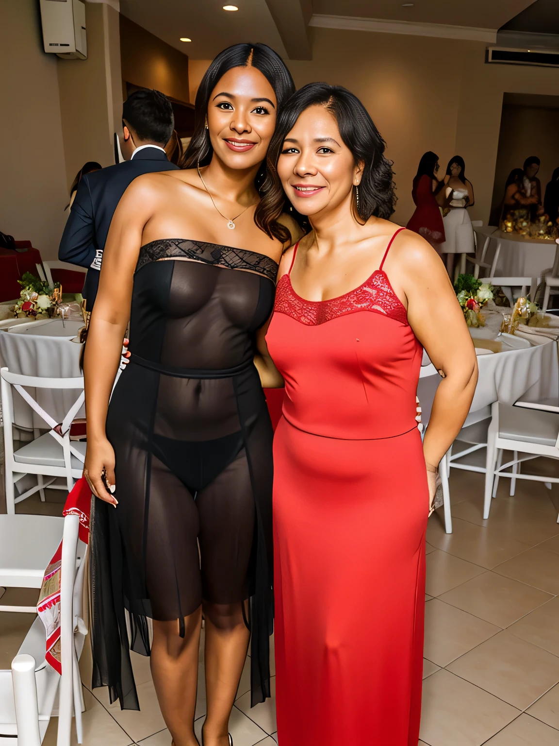 there are two women standing next to each other in a room, a da esquerda usa vestido preto transparente, a da direita vestido vermelho longo, alto e magro, 8k