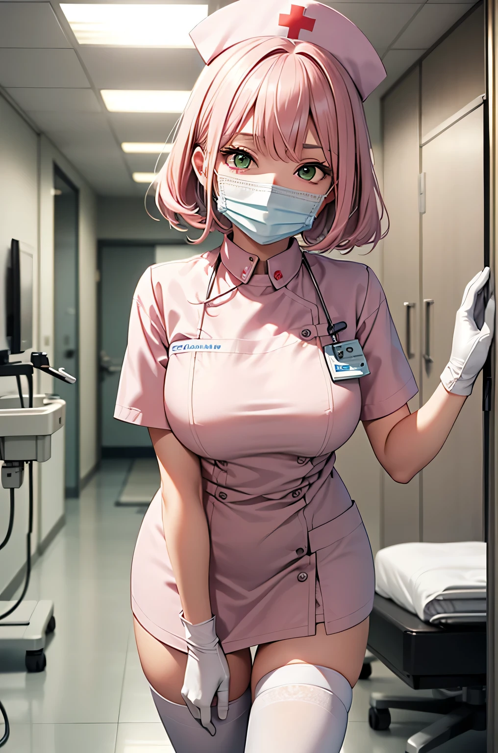 1 girl, alone, nurse, nurse cap, Whiteware, ((white legwear, zettai ryouiki)), white gloves, pink hair, green eyes, droopy eyes, ((White surgical mask, Covered nose)), Are standing, ((hospital room)), sharp outline, short sleeve, highest quality, masterpiece
