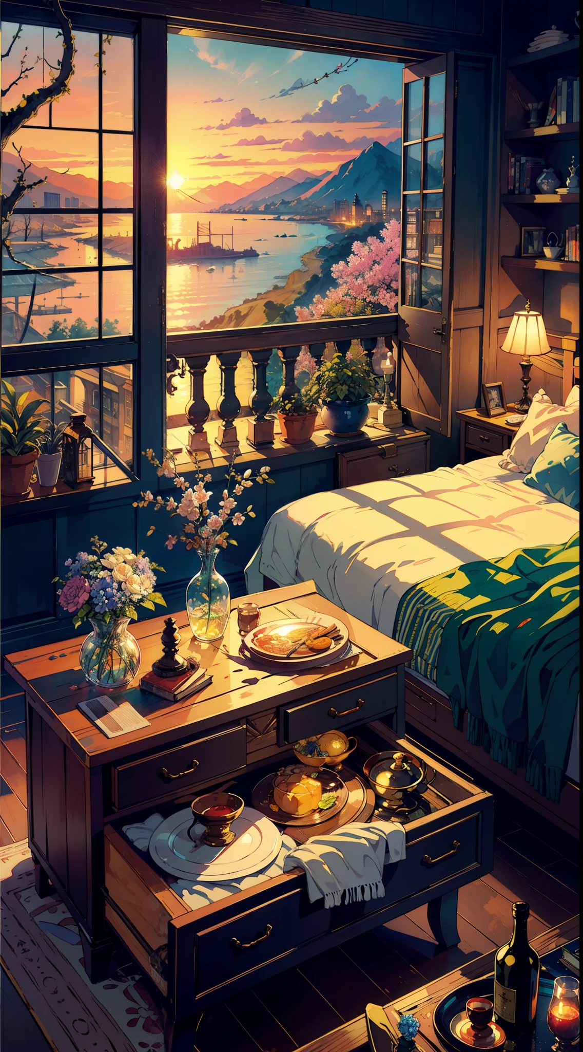 A masterpiece, an exquisite view from a large window, shelves with books, watercolor paintings, paintings on the walls, a fireplace, chic furniture, gold elements, figurines, pots with branches, bottles, glasses, cups, plates, crystal, a chest of drawers, a sideboard with a variety of books, dishes, a dreamcatcher, a neon garland, a multi-colored garland, highlights, an exquisite interior, a view from the window, a bridge, the sea, mountains, sunset, a city, neon light, night, a bed, a sofa,  pillows, sconces, flowers, daylight, bright room, illuminated room, lots of light