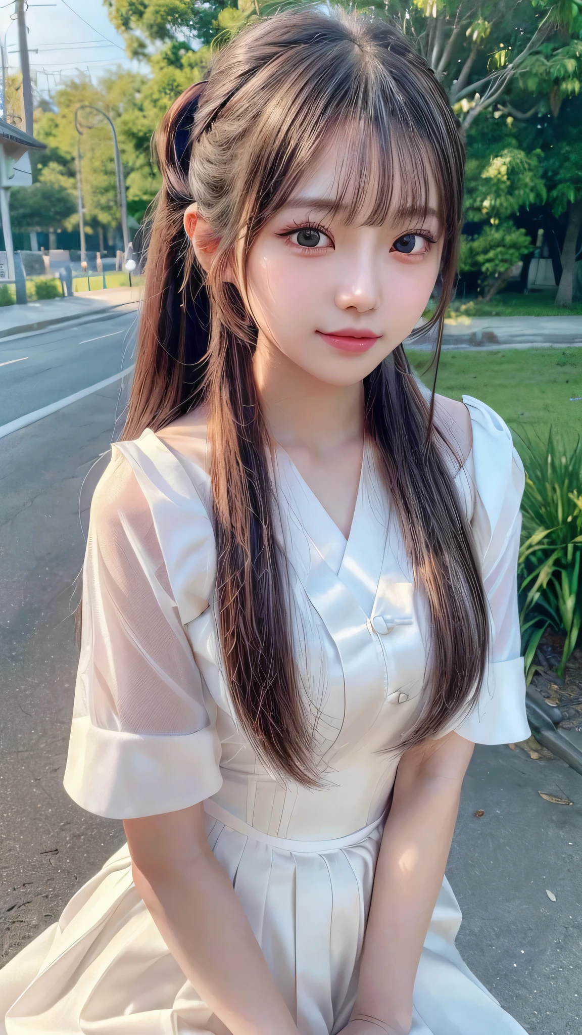 blush,,long hair ponytail,White Blouse,long skirt,Enjoying dating,amusement park,close up of face,((8K, Raw photo, best quality, muste piece:1.2), (Reality, photorealistic:1.4), (Highly detailed 8K wallpaper), Depth of bounds written, cinematic lighting, soft light, detailed beauty eye,Shiny and smooth light brown ponytail, asymmetrical bangs, shiny skin, super detailed skin ,high resolution, high detail, detailed hairstyle, detailed beauty face, hyper real, perfect limbs, perfect anatomy ,1 Japanese girl,famous japanese idol, perfect female body,shy smile,short eyelashes,double-edged eyelids,look straight here,Hair style is ponytail,
