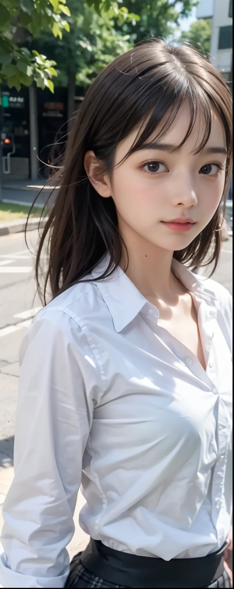 Shoulder-length straight hair sways in the wind + dress shirt, skirt,
(RAW photo, highest quality), (realistic, Photoreal:1.3), masterpiece, very delicate and beautiful, soft light, (brown hair, Shoulder-length straight hair sways in the wind), beautiful detailed girl, (finger details), highly detailed eyes and face, beautifully detailed nose, beautiful and fine eyes, 1 girl, Japanese, neat beauty, cute, young, smile, dress shirt, skirt, (Half body:1.3), (medium breasts), realistic face, realistic body, outdoor