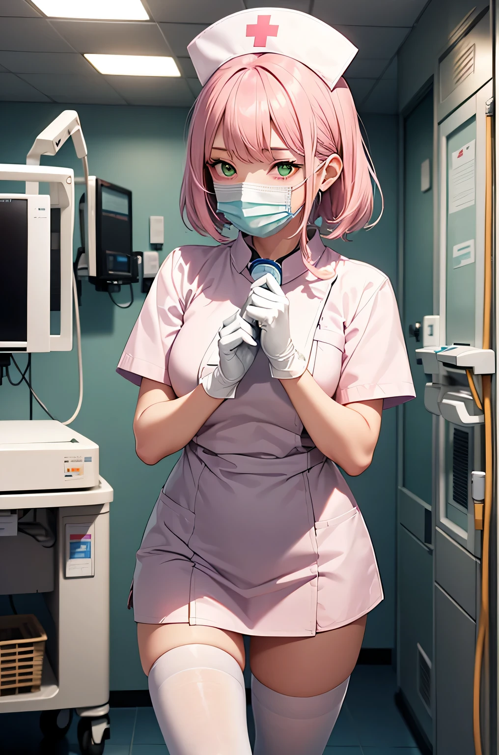 1 girl, alone, nurse, nurse cap, Whiteware, ((white legwear, zettai ryouiki)), white gloves, pink hair, green eyes, droopy eyes, ((White surgical mask, Covered nose)), Are standing, ((hospital room)), sharp outline, short sleeve, highest quality, masterpiece