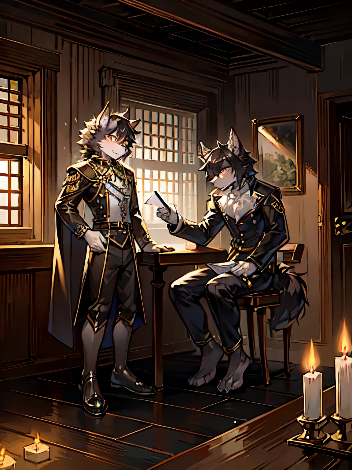 Two black-haired wolves，One is standing next to the table，The other one is sitting on the table，Map on the table，dark room，Candle，pondering，Long knives，搭在墙上的白色Long knives，militarist，dark clouds，downpours，Gray sky，Clear face，gold，一包gold，Handsome，Golden pupils，Holding a piece of paper in his hand