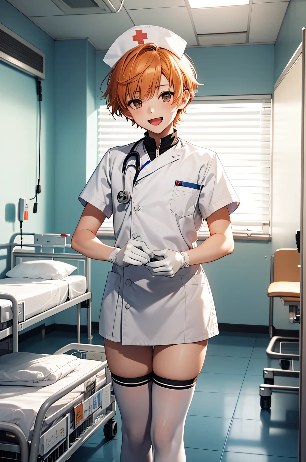 1 boy, alone, male focus, nurse, nurse cap, Whiteware, ((white legwear, zettai ryouiki)), white gloves, short hair, orange hair, smile, open your mouth, Are standing, ((hospital room)), sharp outline, short sleeve, Shota, , highest quality, masterpiece