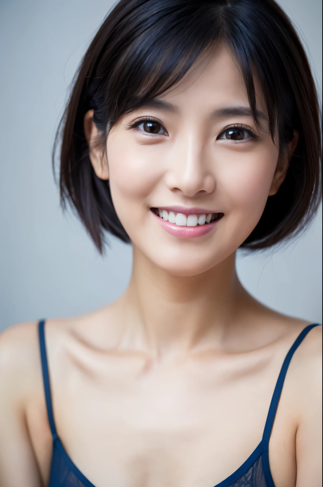 ((Front view)),(Masterpiece:1.3), (8K, Photorealistic, RAW photo, Best quality: 1.4), White background ,Be happy, A Skinny Japanese lady, Show your teeth,(1girl), Beautiful face, (Realistic face), (Black hair, Short hair:1.3), Beautiful hairstyle, Realistic eyes, Beautiful detailed eyes, (Realistic skin), Beautiful skin, (blue underware, blue bra), Attractive, Ultra photo realsisim, Highly detailed, Golden ratio