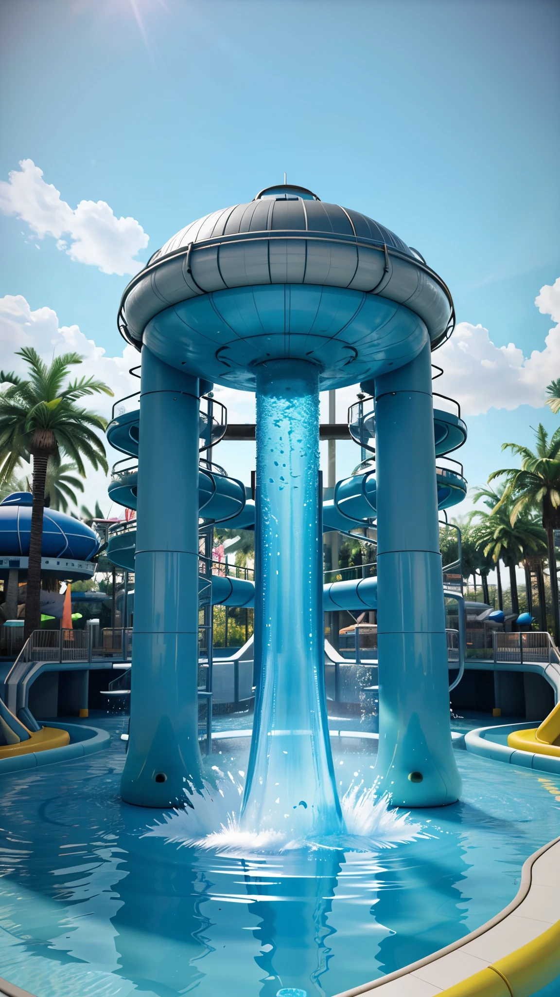 Create a 17K 3D render of a liminal space themed water park. Make it dreamy, photorealistic and amazing. The mood ia nostalgic. 