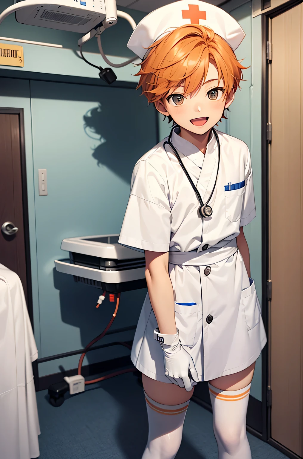 1 boy, alone, male focus, nurse, nurse cap, Whiteware, ((white legwear, zettai ryouiki)), white gloves, short hair, orange hair, smile, open your mouth, Are standing, ((hospital room)), sharp outline, short sleeve, Shota, 12 years old, highest quality, masterpiece