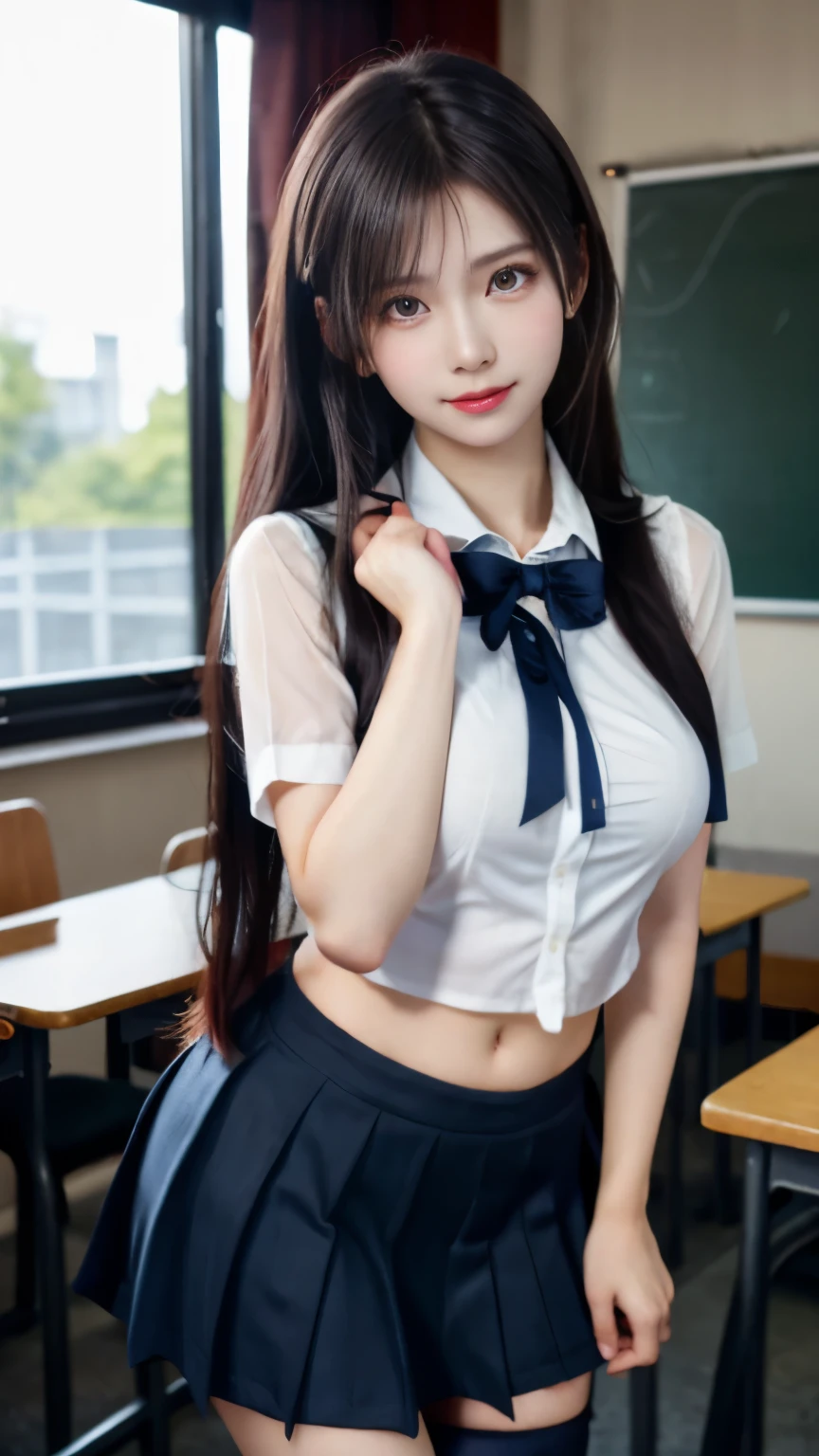 resolution, 1 girl, Watching the audience,Young beautiful Japanese woman, Super cute face, Gorgeous appearance, big breasts,Long Bob Hair,smile,(school uniform:1.3),Beautiful Eyes,(It&#39;s windy:1.3), 混雑した道をsmileで歩く,Glossy lips, Double eyelids on both eyes, Natural Makeup, Long eyelashes, 艶やかで滑らかなライトブラウンのLong Bob Hair, Asymmetrical bangs, Glowing Skin, Center image, 高resolution, High Detail, Detailed hairstyle, Detailed face, Great cinema lighting, Octane Rendering, Vibrant, Surreal, Perfect limbs, Perfect Anatomy, Spreading hair、Slender beauty:1.4、((Saggy breasts:1.4))、Chest exposed、Slim Abs、Curved Waist、(smile:1.2) 、(Pleated kirt lifted:1.2))、Slender and long beautiful legs、Open your feet wide、(Sheer black stockings:1.2)、(Lace panties:1.2、Beautiful pussy exposed、Open up、pussy creampie、pubic hair:1.4)、(From below:1.2)、Backlight、