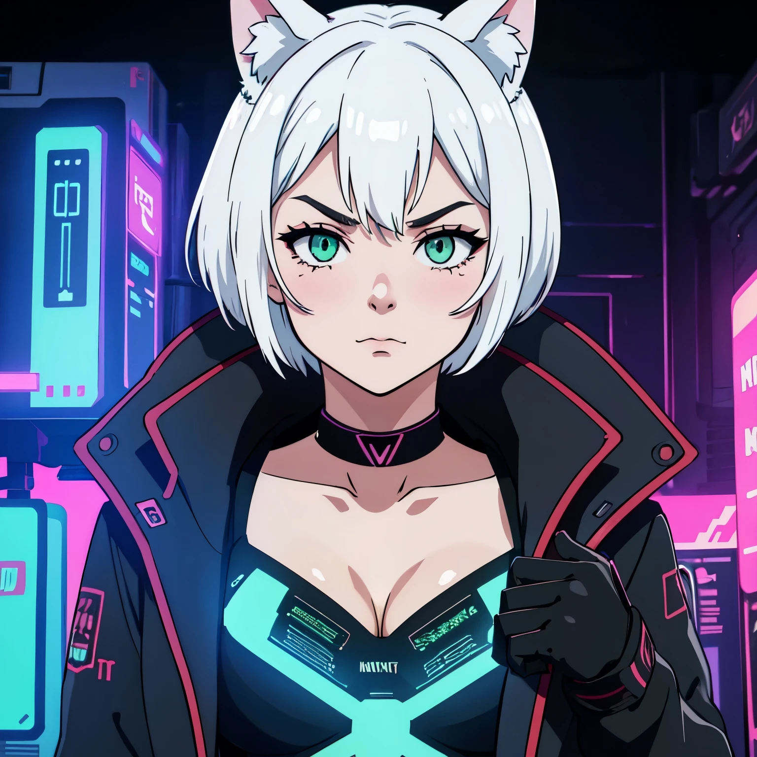 asterpiece, intrincate, 1girl, :3, cat_ears, bangs, black_background, black_jacket, blush, binary codes, cat features, choker, cleavage, closed_mouth, collarbone, eyebrows_visible_through_hair, green_eyes, hair_between_eyes, white_hair, silver_hair, short_hair, letterboxed, looking_at_viewer, medium_breasts, sarashi, virtual_youtuber, wears techwear clothes, detailed, 4K, HDR, hight_contrast, hologram FX, cyberpunk, neon FX, electronic, mecanincs, wires, microchips