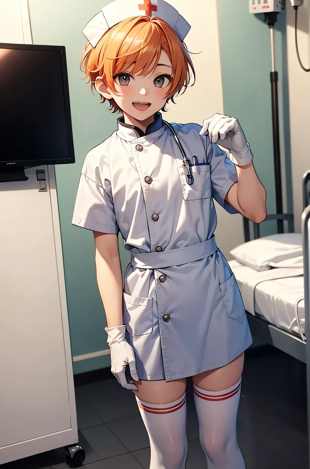 1 boy, alone, male focus, nurse, nurse cap, Whiteware, ((white legwear, zettai ryouiki)), white gloves, short hair, orange hair, smile, open your mouth, Are standing, ((hospital room)), sharp outline, short sleeve, Shota, 12 years old, highest quality, masterpiece