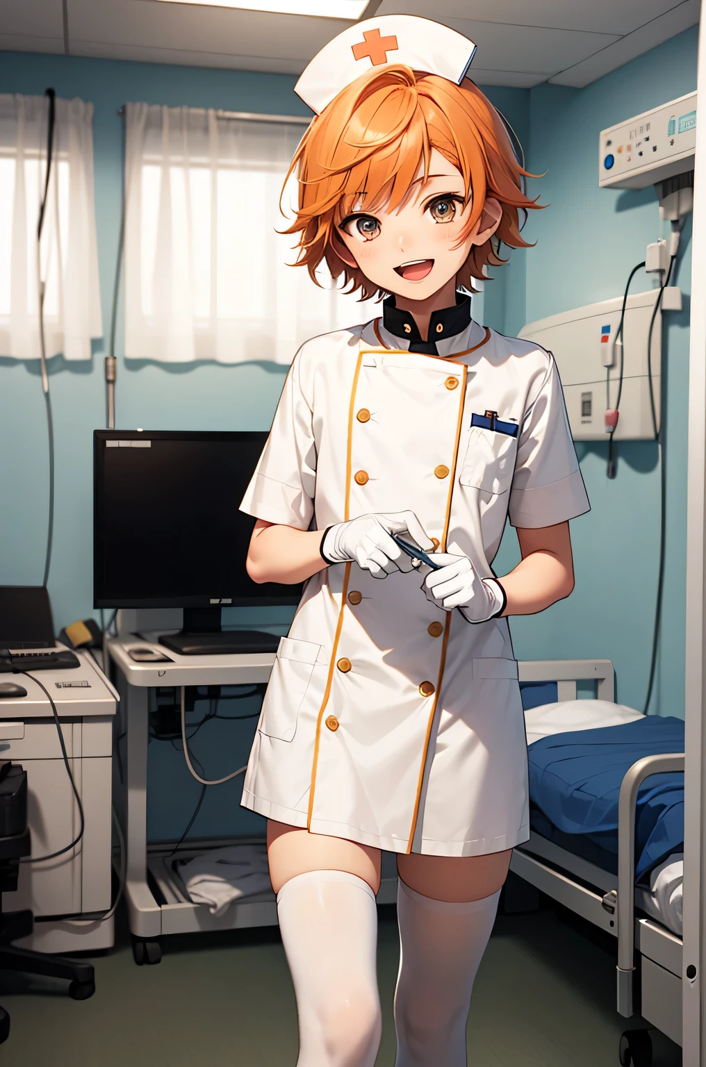 1 boy, alone, male focus, nurse, nurse cap, Whiteware, ((white legwear, zettai ryouiki)), white gloves, short hair, orange hair, smile, open your mouth, Are standing, ((hospital room)), sharp outline, short sleeve, Shota, , highest quality, masterpiece