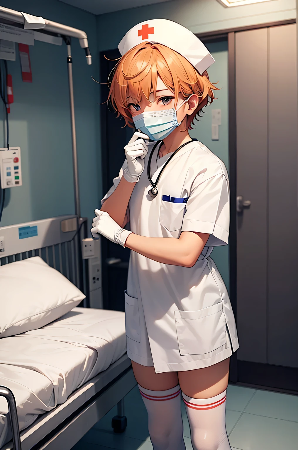 1 boy, alone, male focus, nurse, nurse cap, Whiteware, ((white legwear, zettai ryouiki)), white gloves, short hair, orange hair, ((White surgical mask, Covered nose)), Are standing, ((hospital room)), sharp outline, short sleeve, Shota, 12 years old, highest quality, masterpiece