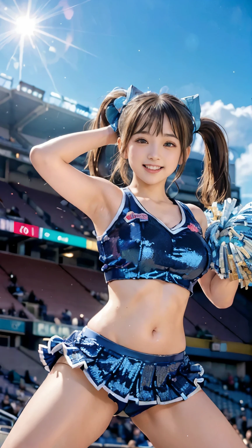(((highest quality、8K、photo-realistic:1.4、masterpiece)))、Backlight、Woman with highly detailed facial texture、18-year-old、(((sky blue sequin cheerleader:1.2)))、((stadium background:1.2))、with arms raised、laughter、open your mouth、Shiny blonde hair and length hairstyle、blonde。length。divided sleeves, bare shoulders, central opening, cleavage, central chest、ribbon。(((twin tails:1.2)))。(((show panties。Posture with legs wide open:1.2)))
