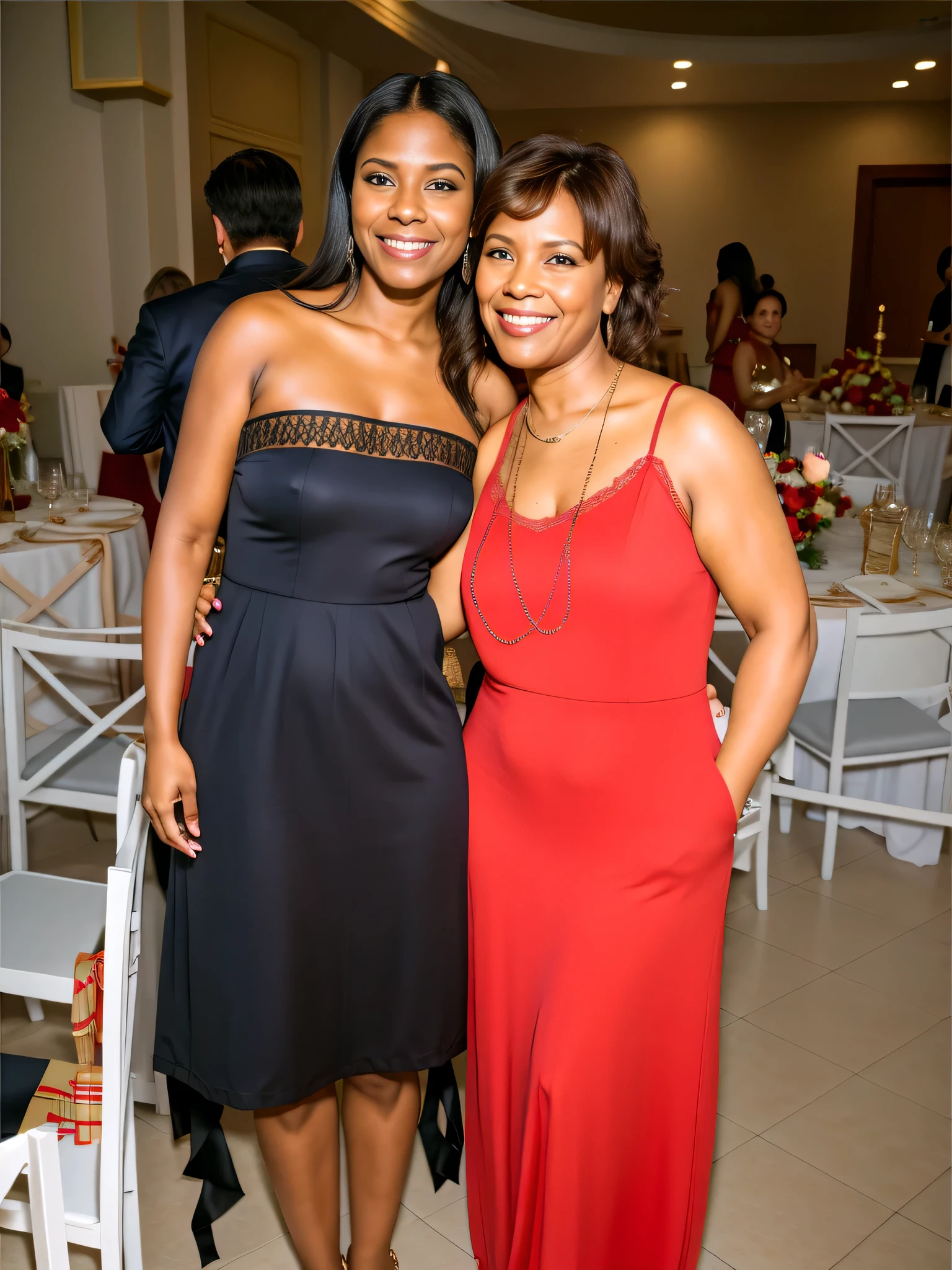 there are two women standing next to each other in a room, a da esquerda usa vestido preto, a da direita vestido vermelho longo, altas e magras, 8k