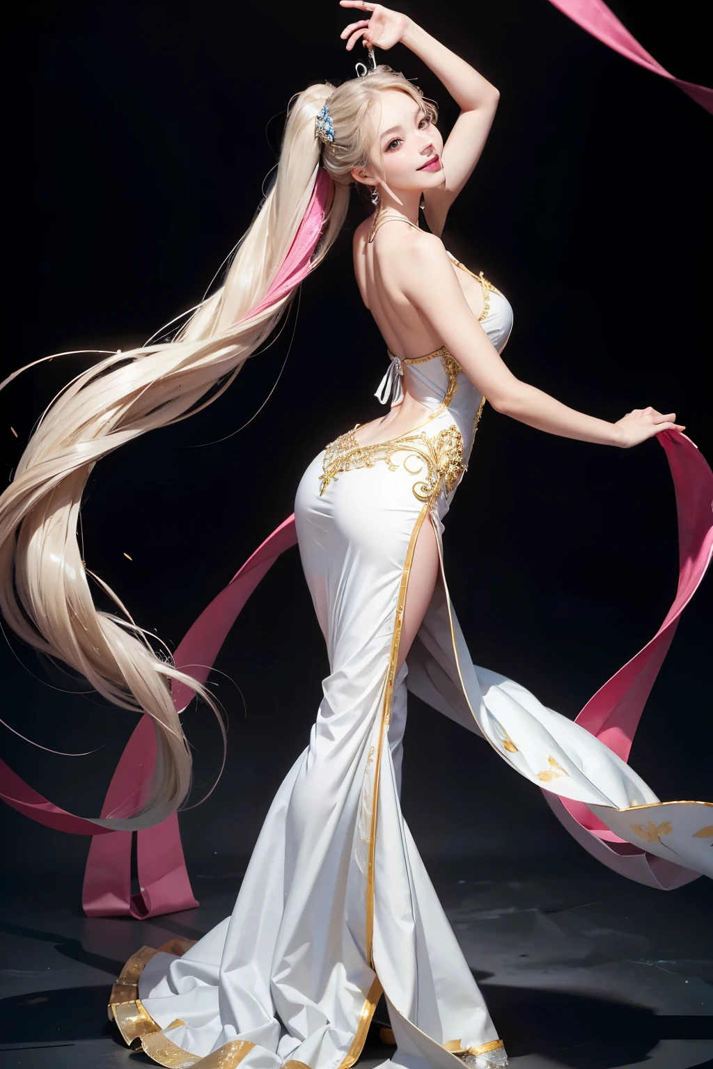 A beautiful girl with long hair, dressed in an elegant, colorful costume, is gracefully dancing on the brightly lit stage. Her hair cascades down her back in loose, flowing waves, shimmering under the spotlight. Her slender frame moves with perfect synchronization to the rhythm of the music, her long limbs extending with each step. Her face is a picture of pure joy and happiness, with wide, expressive eyes that sparkle with life. Her lips are parted in a soft smile, revealing perfectly aligned, white teeth. Her long, delicate lashes flutter with every blink, drawing attention to her beautiful, detailed eyes. Her outfit leaves just enough to the imagination, the colorful fabric flowing around
