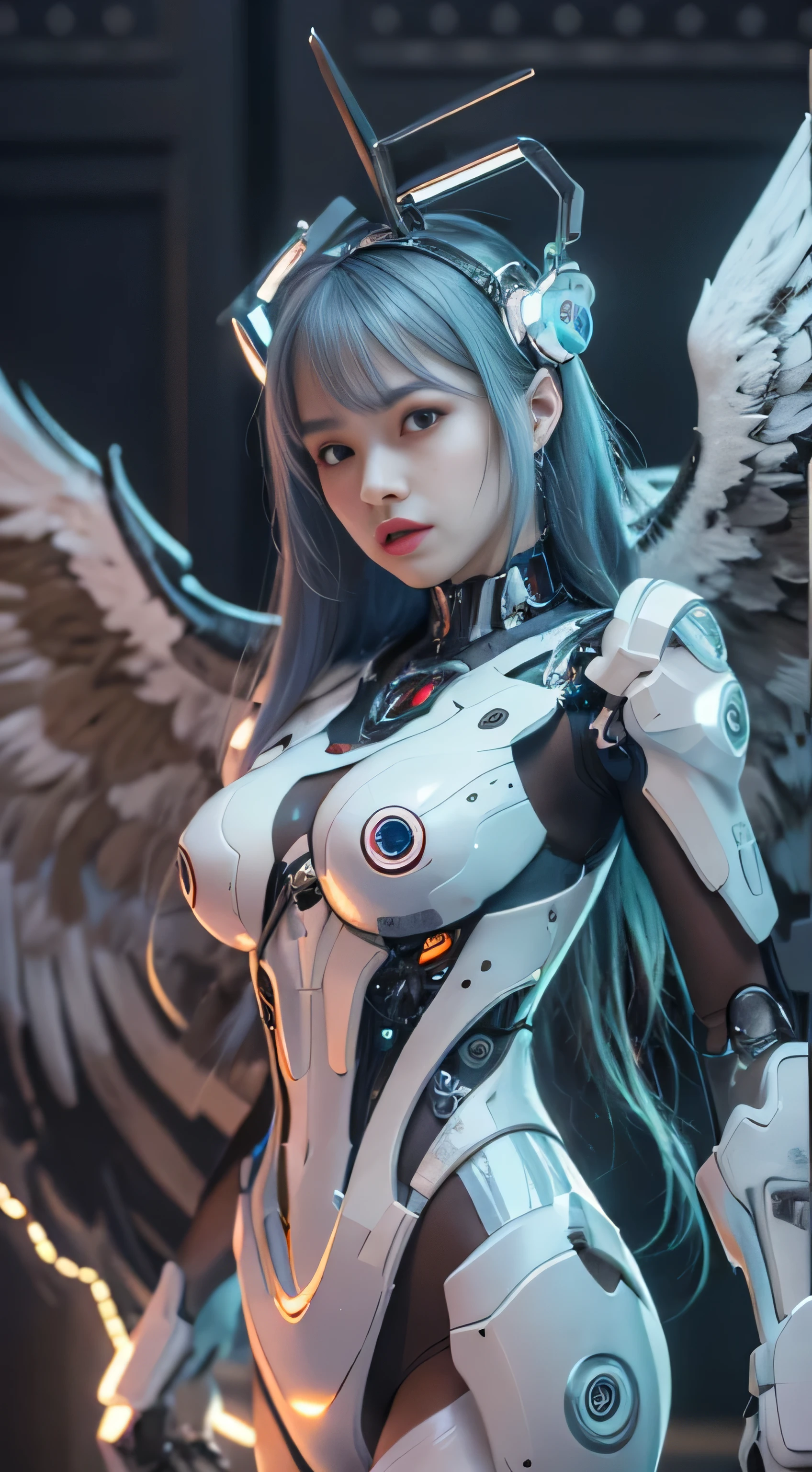 highest quality、master piece、Super high resolution、(Photoreal:1.4)、RAW photo、robot angel、large metal wings、white porcelain body、white hair、glowing skin、1 cyborg girl、Full body Esbian,((Super realistic details))、Poleto、global illumination、Black Shadow、octane rendering、8K、super sharp、character edge light,big breasts、The bare skin of the cleavage is exposed、intricate decorative details、Detailed hydraulic cylinders from Sumer、Small LED light、very intricate details、realistic light、purple eyes、Eyes shining towards the camera、neon light details、cowboy shot、futuristic headgear、floor plan《Cyberpunk Personality》、、