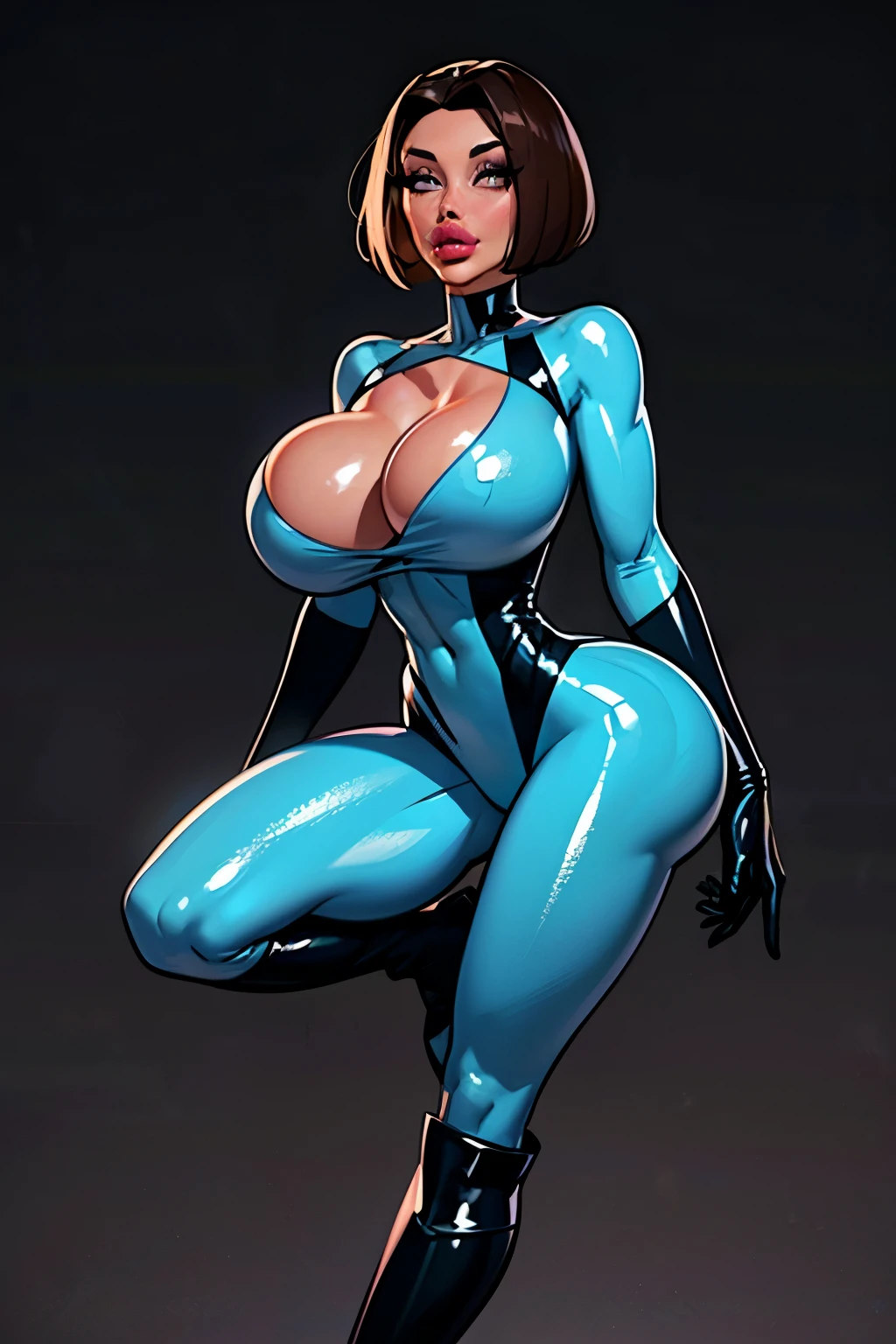 Generate a realistic illustration of a mature Madeline Fenton (Danny Phantom), ((blue bodysuit)), black gloves, (Aletta ocean face), blunt bobcut,  de terno preto, straight hair, (dark brown hair), ((black torso)), ((slendered abs)), black gun holster, ((blue breasts)), blue outfit in anime format with a serious style, shiny skin, (gigantic breasts), perfect skin, detailed face, defined cheekbones, puffy lips, ((over the elbow gloves)), blue legs, blue arms, (((black over the knee boots))), gothic make up, masterpiece, dark lighting, black background, puffy lips,slendered abs, beautiful face,