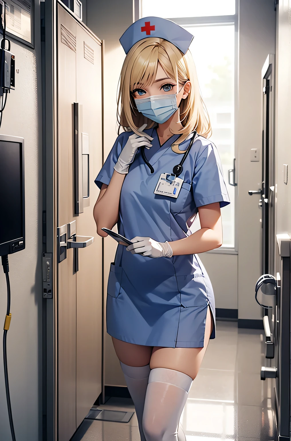 1 female, alone, nurse, nurse cap, Whiteware, ((white legwear, zettai ryouiki)), white gloves, blonde hair, blue eyes, ((White surgical mask, Covered nose)), Are standing, ((hospital room)), sharp outline, short sleeve, mature woman, 35 years old, highest quality, masterpiece