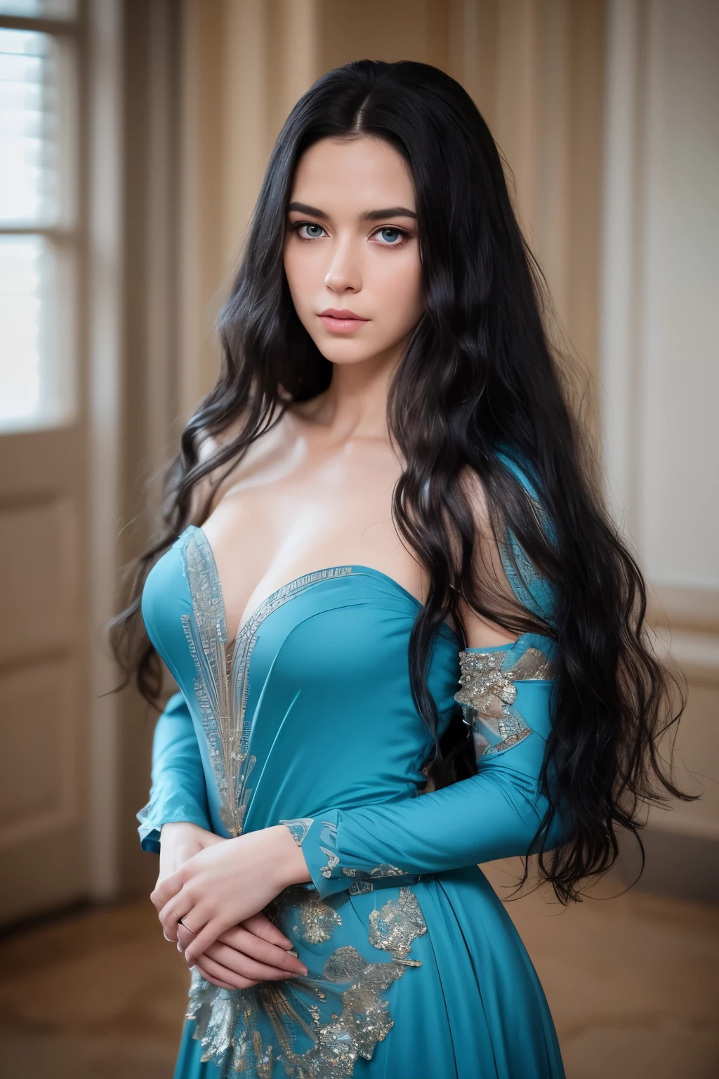 An attractive woman with long, wavy black hair and blue eyes with a serious face, vestida elegante com vestido vermelho, hiper realista absurdo, foto crua, 8K UltraHD, alta qualidade, Film grain, soft lighting, (pele altamente detalhada:1.2)