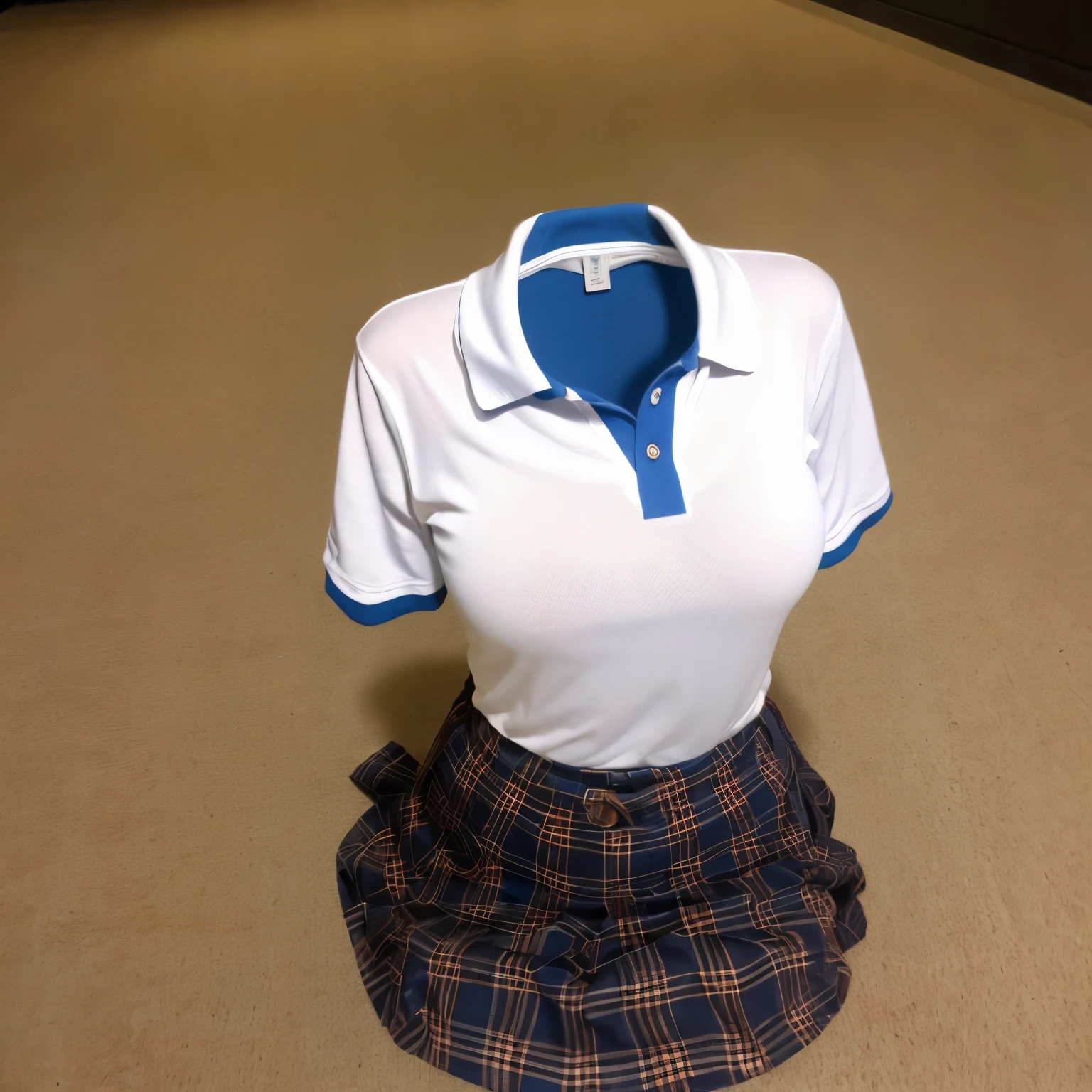 school polo shirt on floor, plaid school skirt, (invisible, no humans, headless, faceless:1.5), cute big breasts