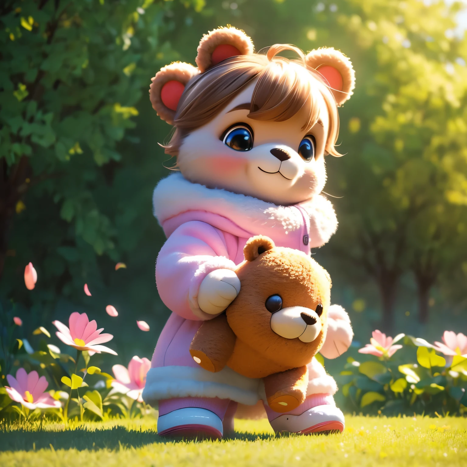 (best quality,4k,8k,highres,masterpiece:1.2),ultra-detailed,(realistic,photorealistic,photo-realistic:1.37),Illustration,Octane Render,morning park,a  walking with a teddy bear, the girl has a bun hairstyle and a smiling face, vibrant colors, soft sunlight, beautiful flowers, green grass, playful atmosphere, peaceful environment,detailed textures, vibrant colors, cute teddy bear outfit, joyful expression