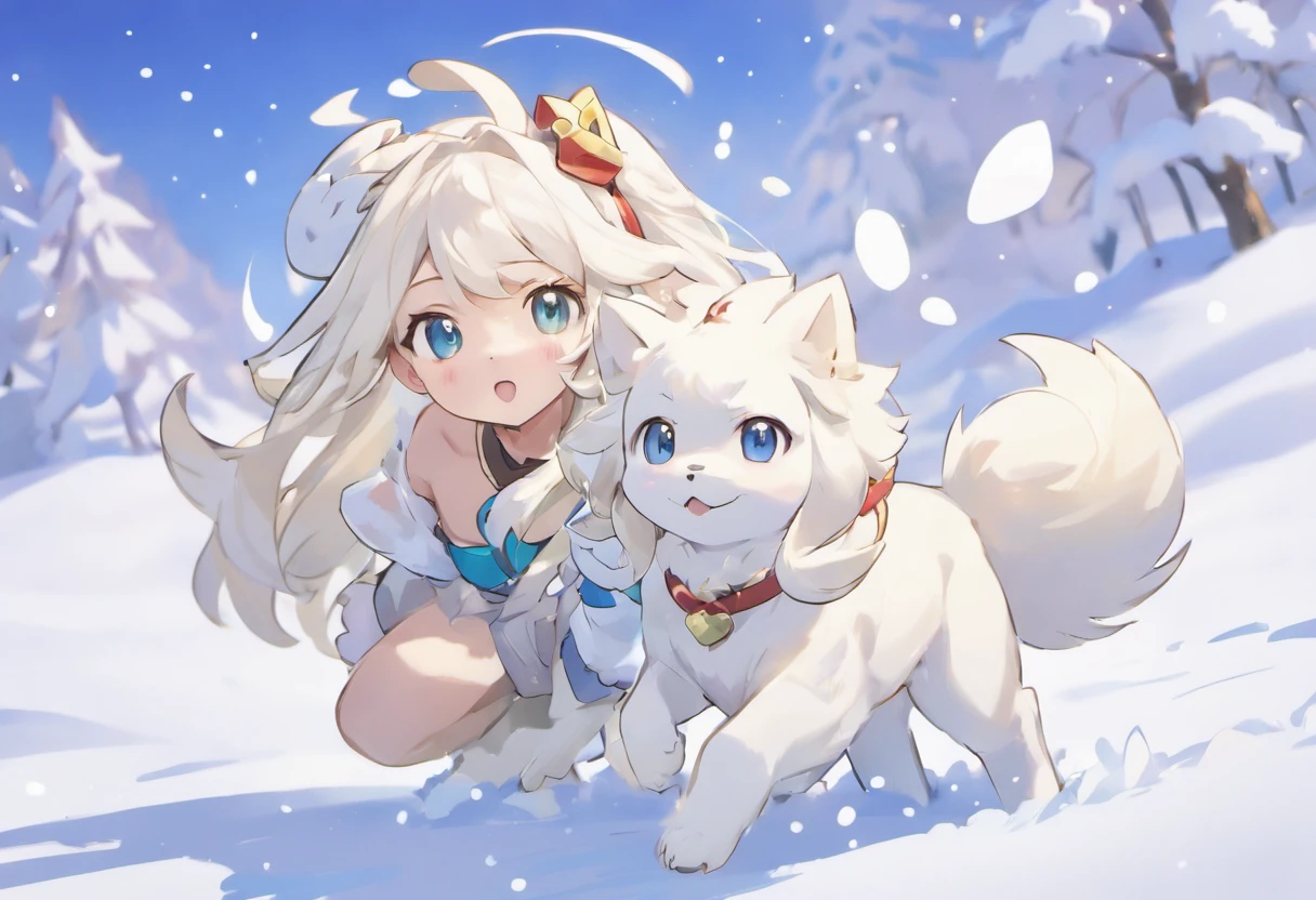 (masterpiece,best quality,extremist_detailed, high resolution, ridiculous:1.2)，snow, 1 girl, long_hair, alone, superior_Body, hairband, hair_decoration,White puppy，background_snow原，Portrait photo