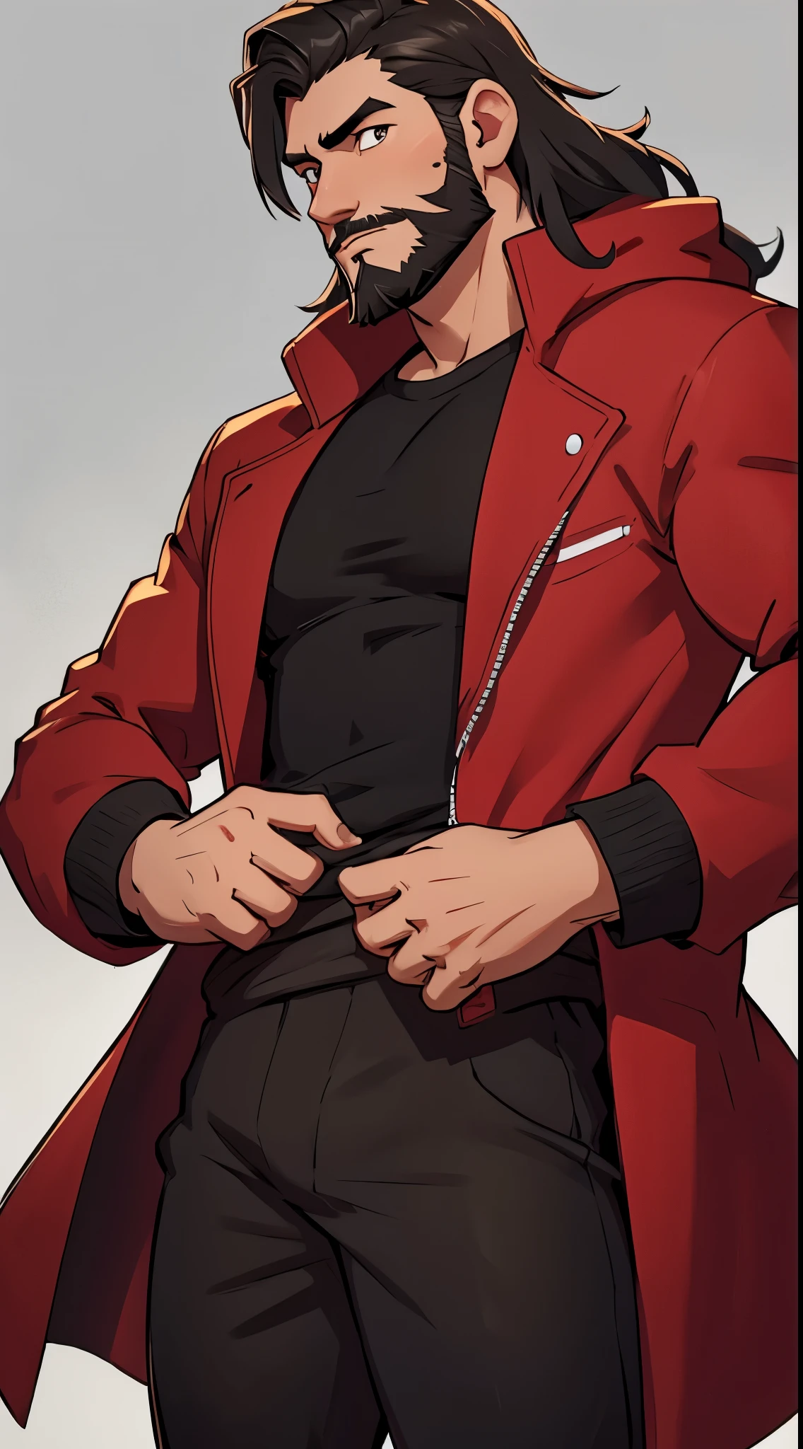 1 caucasian Man solo, solo.he has a short black beard and he has black flowing hair. Black shirt, red coat. White background