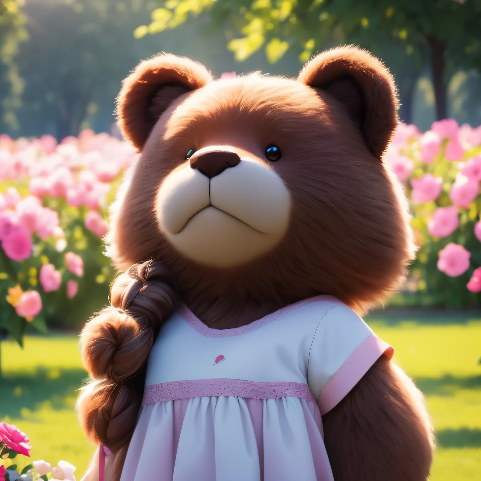 (best quality,4k,8k,highres,masterpiece:1.2),ultra-detailed,(realistic,photorealistic,photo-realistic:1.37),Illustration,Octane Render,morning park,a  walking with a teddy bear, the girl has a bun hairstyle and a smiling face, vibrant colors, soft sunlight, beautiful flowers, green grass, playful atmosphere, peaceful environment,detailed textures, vibrant colors, cute teddy bear outfit, joyful expression