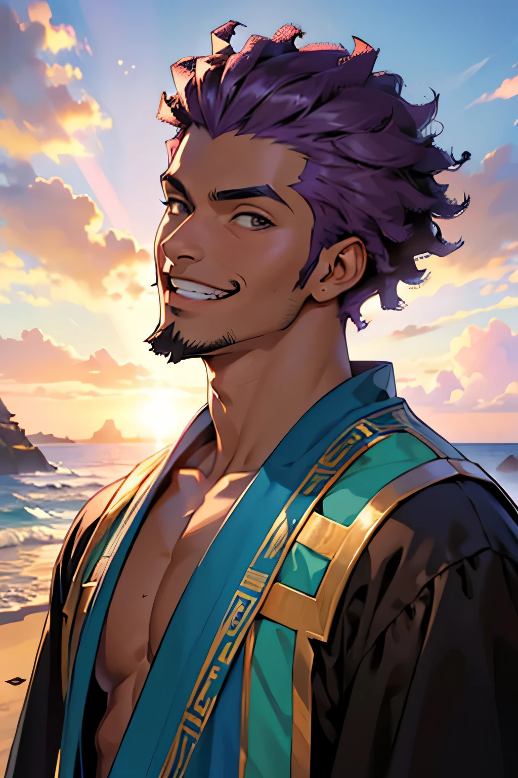 (Masterpiece, Top Quality, Best Quality, Official Art, Beauty and Aesthetics: 1.2), Very Detailed, Fractal Art, Colorful, Most Detailed, anime brown man, short black hair, bald afro hairstyle, dark brown eyes, dark skin, shaved facial hair goatee, muscular build, very physically strong, Sunny and cheerful, Egyptian style, Hippie Robe, smiling and looking into the camera, The sunlight shines on his face,The background is the sea，Pink-purple sky。Please draw this scene in Miyazaki's style