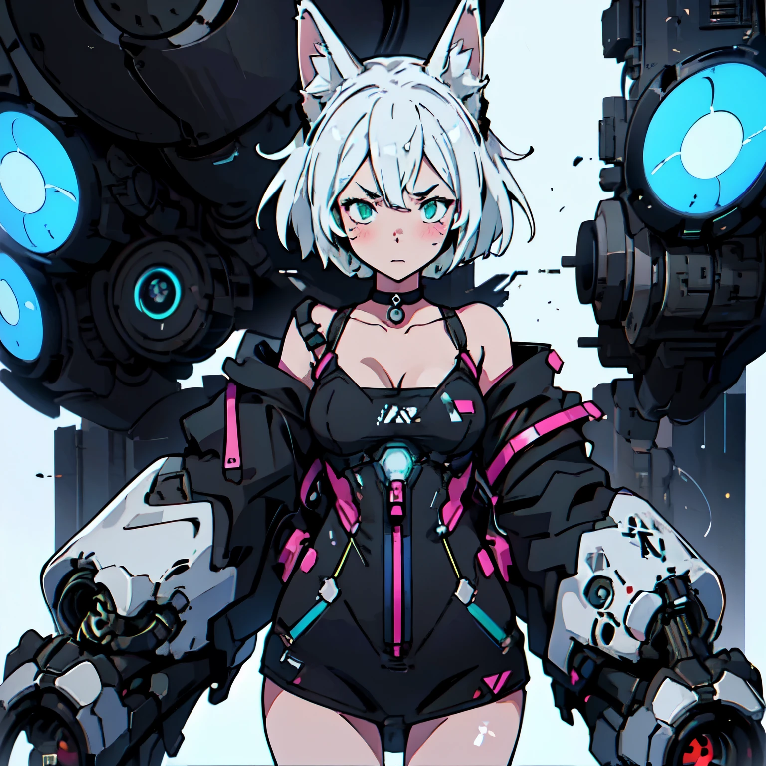 asterpiece, intrincate, full doby, 1girl, :3, cat_ears, bangs, black_background, black_jacket, blush, binary codes, cat features, choker, cleavage, closed_mouth, collarbone, eyebrows_visible_through_hair, green_eyes, hair_between_eyes, white_hair, silver_hair, short_hair, letterboxed, looking_at_viewer, medium_breasts, sarashi, virtual_youtuber, wears techwear clothes, detailed, 4K, HDR, hight_contrast, hologram FX, cyberpunk, neon FX, electronic, mecanincs, wires, microchips
