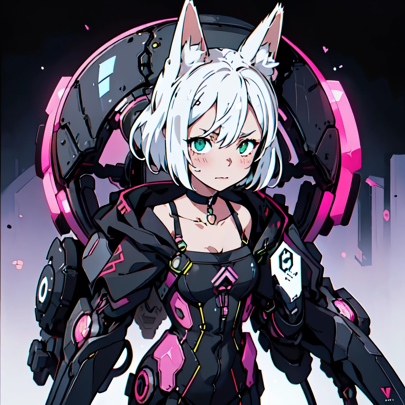 asterpiece, intrincate, full doby, 1girl, :3, cat_ears, bangs, black_background, black_jacket, blush, binary codes, cat features, choker, cleavage, closed_mouth, collarbone, eyebrows_visible_through_hair, green_eyes, hair_between_eyes, white_hair, silver_hair, short_hair, letterboxed, looking_at_viewer, medium_breasts, sarashi, virtual_youtuber, wears techwear clothes, detailed, 4K, HDR, hight_contrast, hologram FX, cyberpunk, neon FX, electronic, mecanincs, wires, microchips
