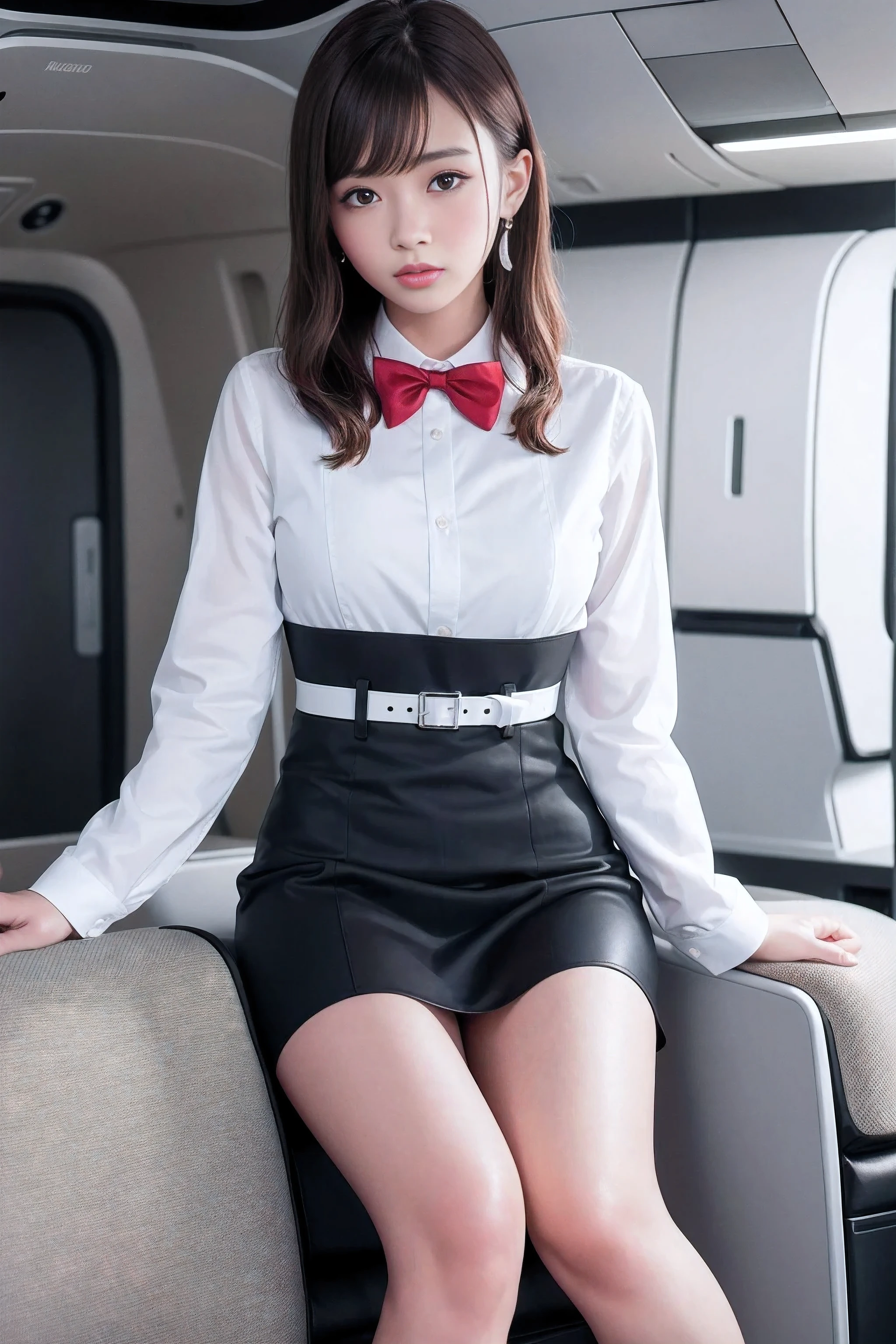 (8 times_NMKD-Super Scale_150000_G),(8K, super high quality,highest quality),(masterpiece:1.5),(1 girl),(日本のflight attendant),(flight attendant),(Stand in the plane),RAW photo,idol sculpture,(A bow tie,white dress shirt,Bleated skirt)